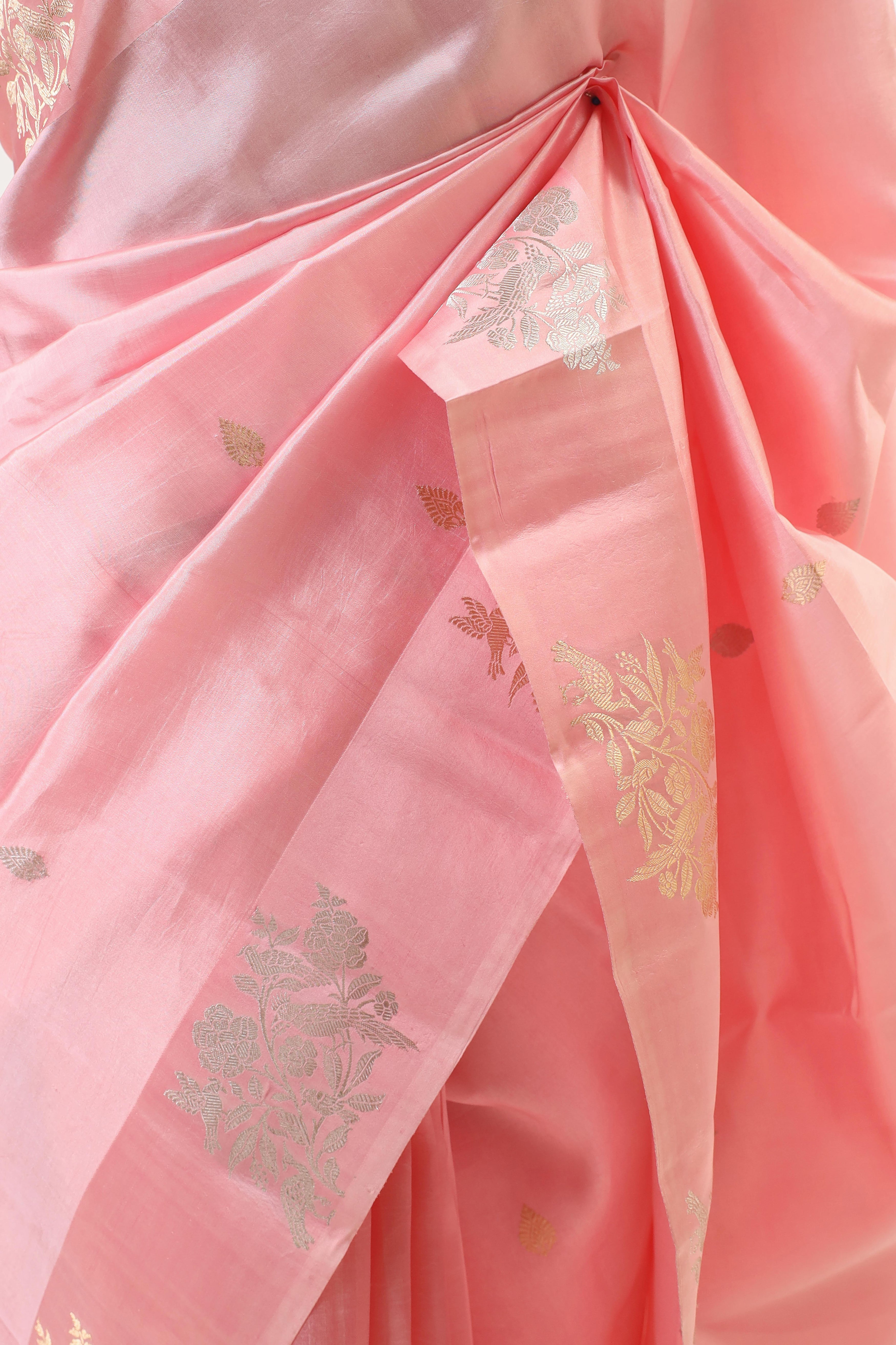 Flamingo Pink Handwoven Pure Banarasi Katan Soft Silk Saree