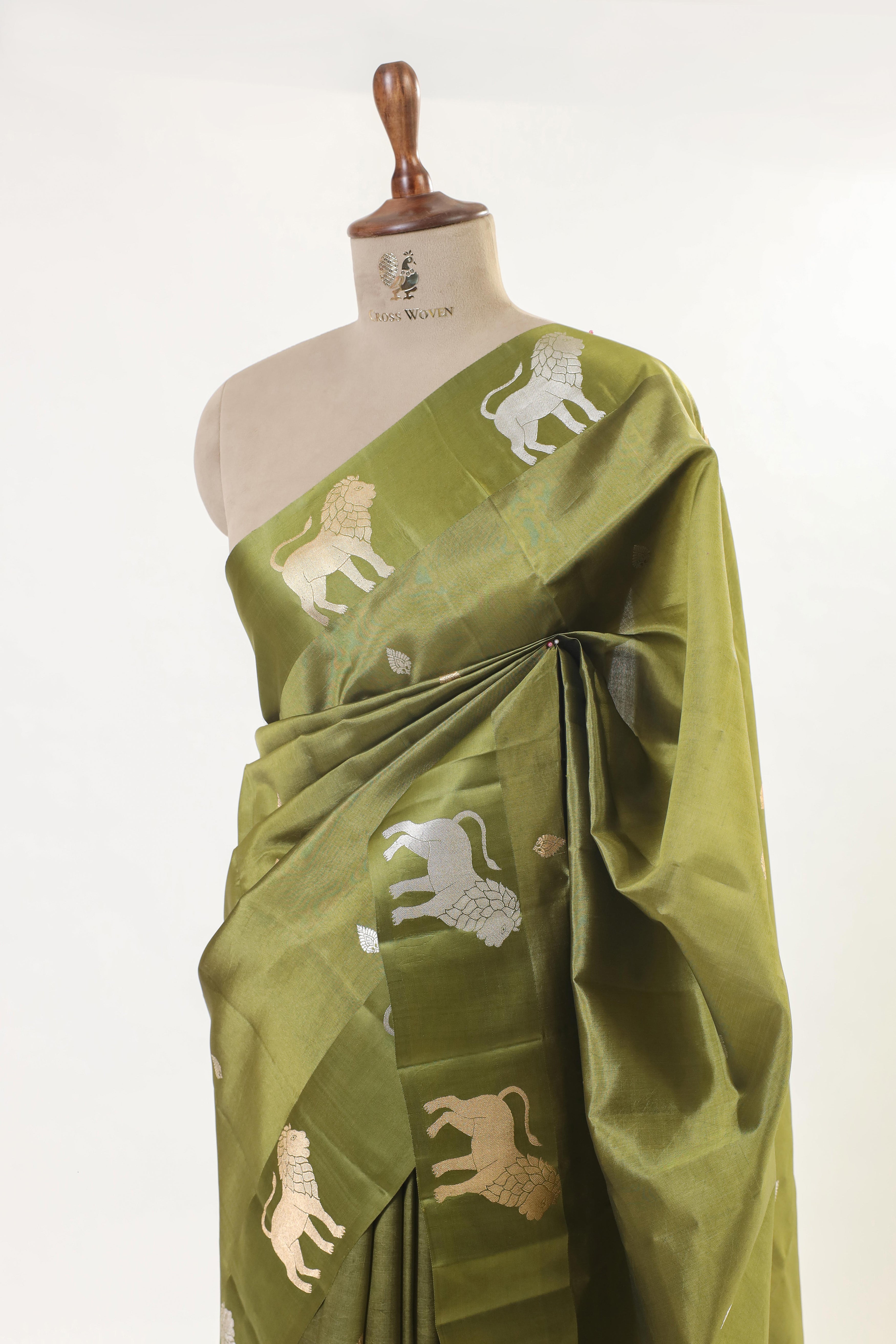 Army Green Handwoven Pure Banarasi Katan Soft Silk Saree