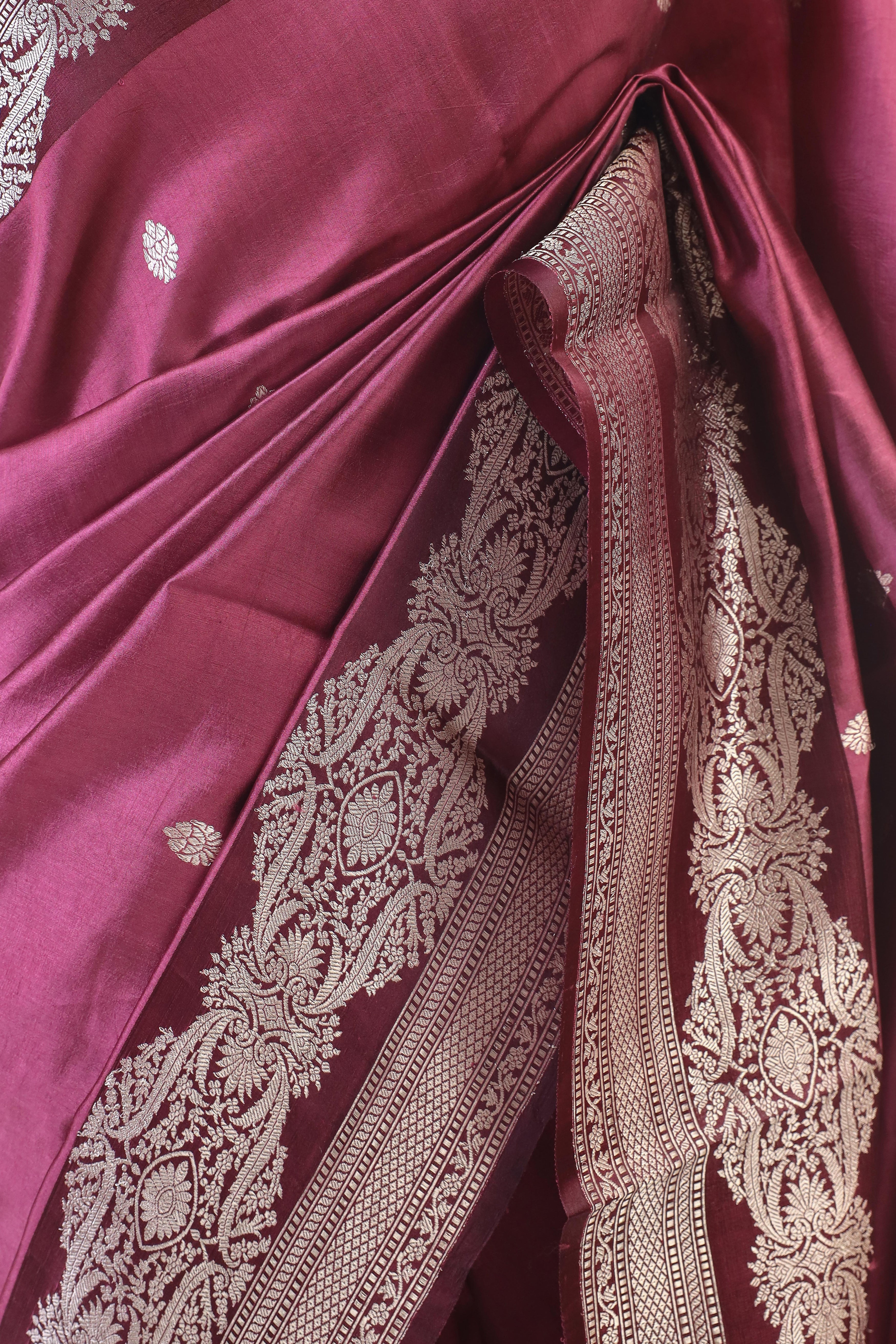 Burgundy Maroon Handwoven Pure Banarasi Katan Soft Silk Saree