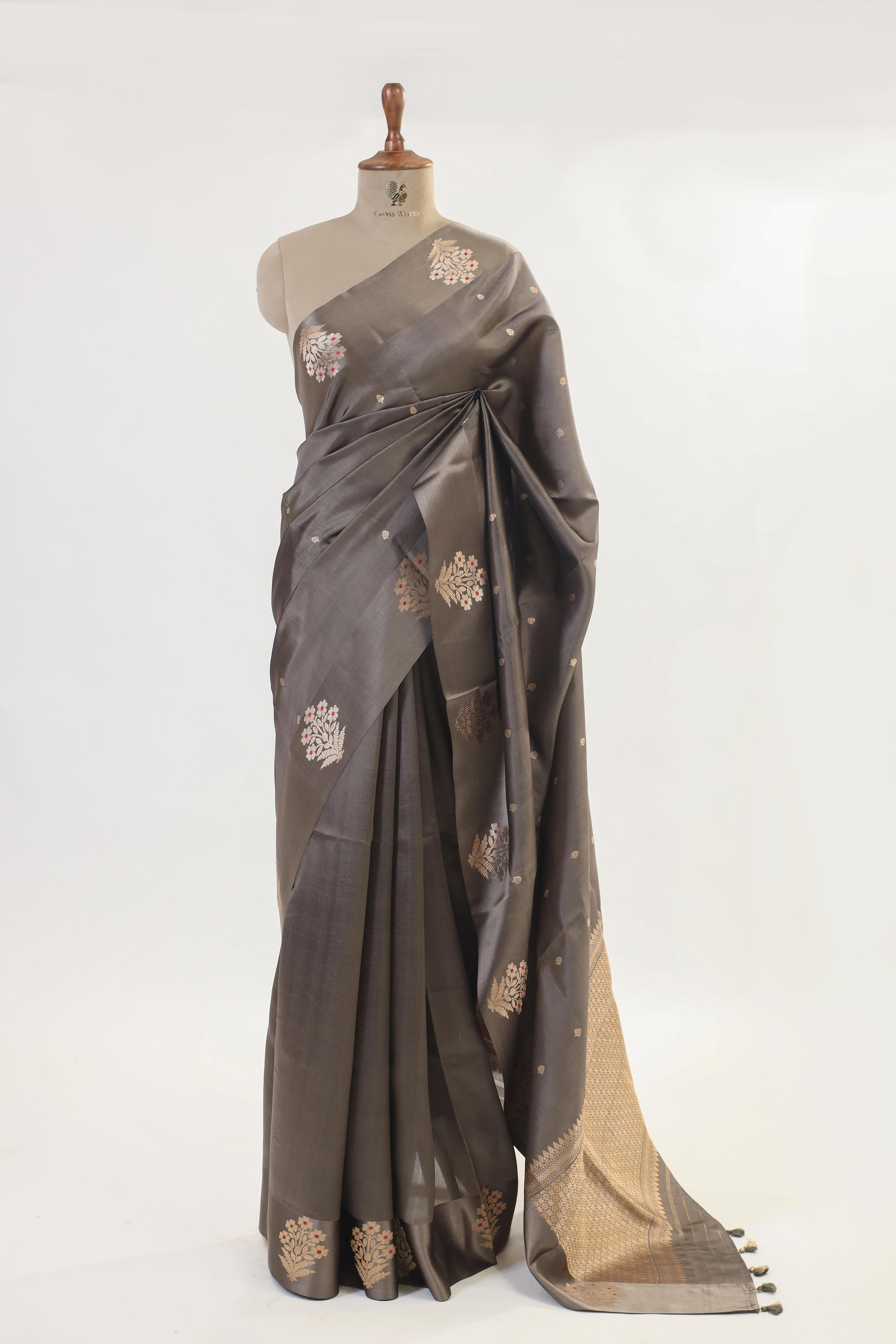 Mouse Gray Handwoven Pure Banarasi Katan Soft Silk Saree