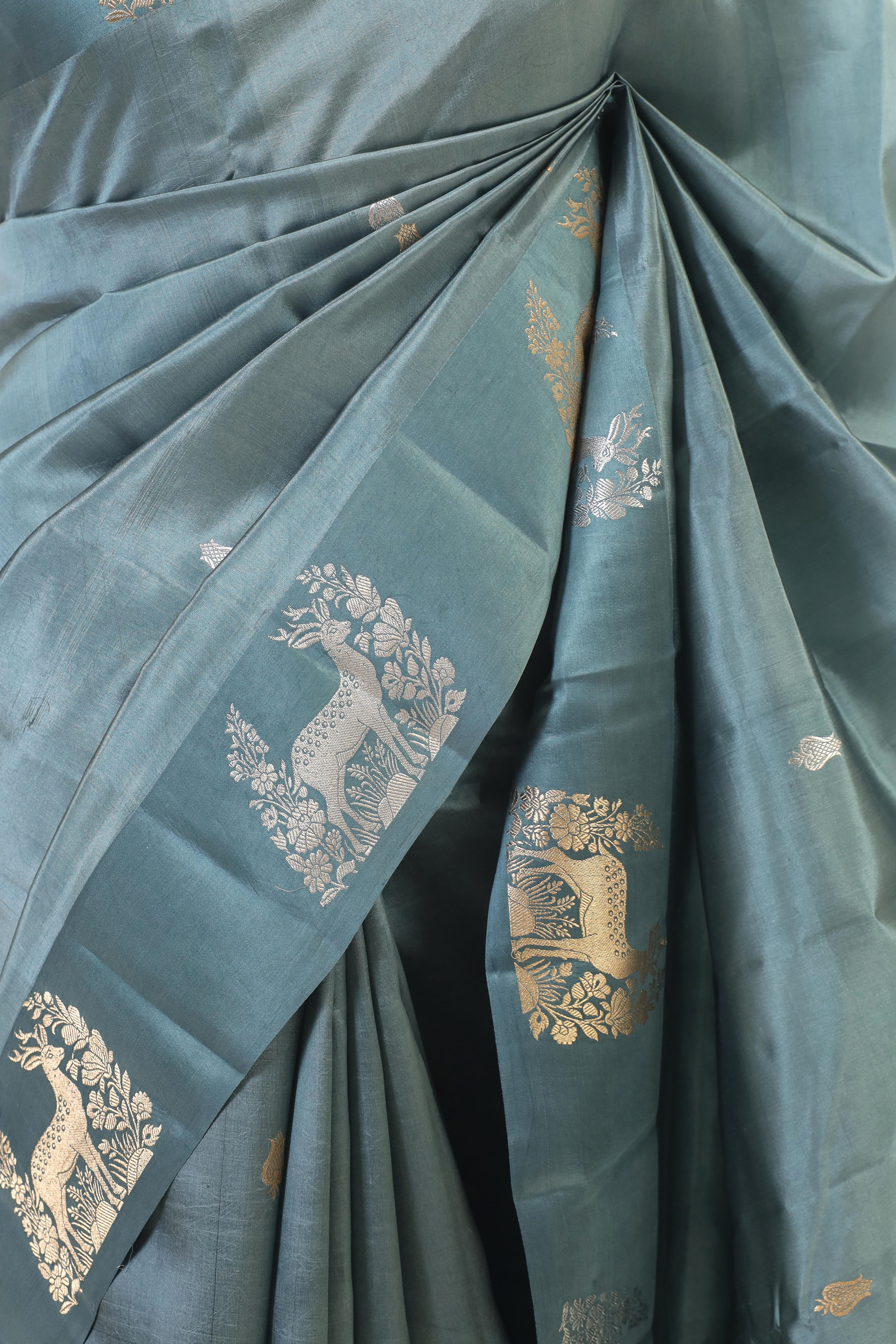 Teal Blue Handwoven Pure Banarasi Katan Soft Silk Saree