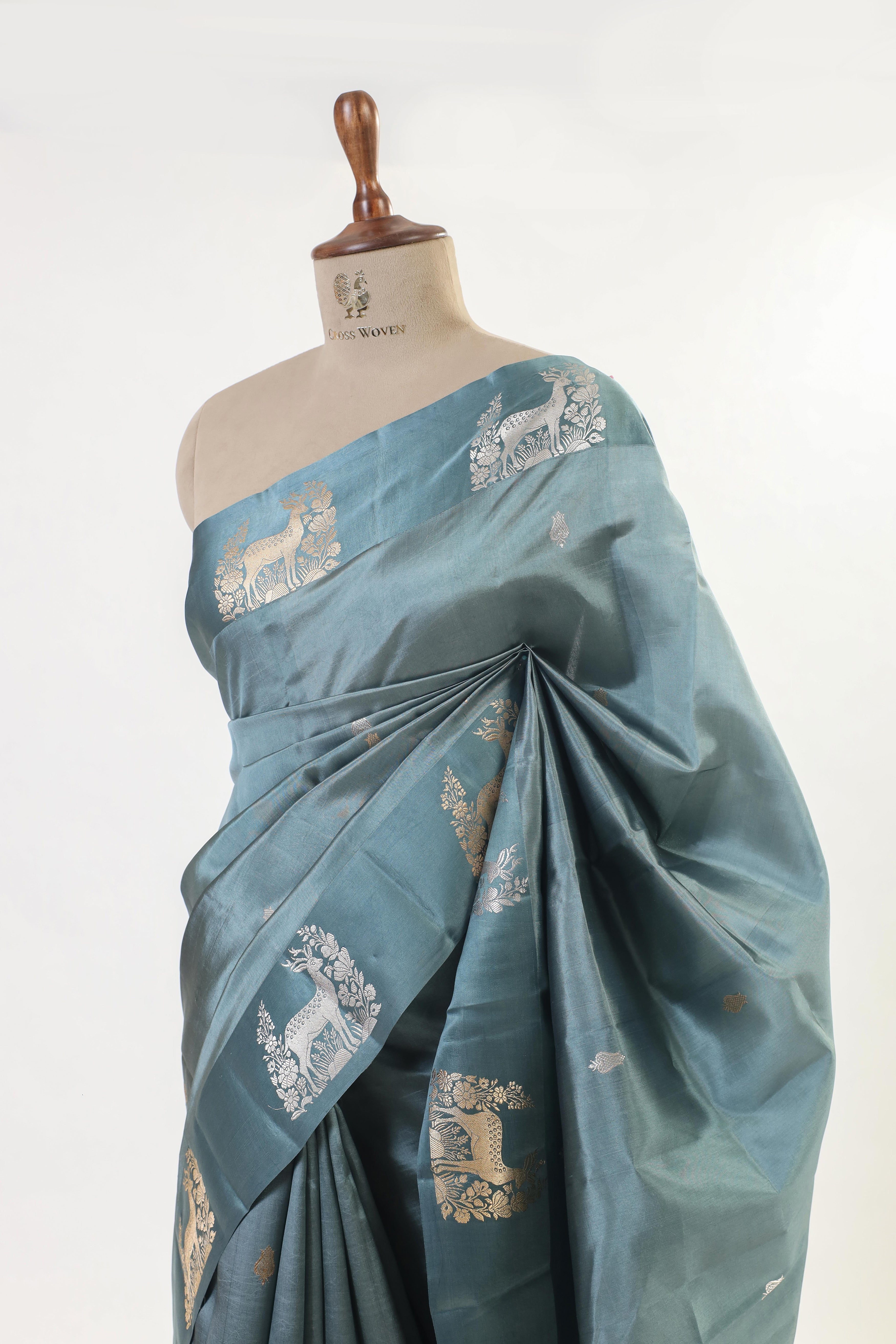 Teal Blue Handwoven Pure Banarasi Katan Soft Silk Saree