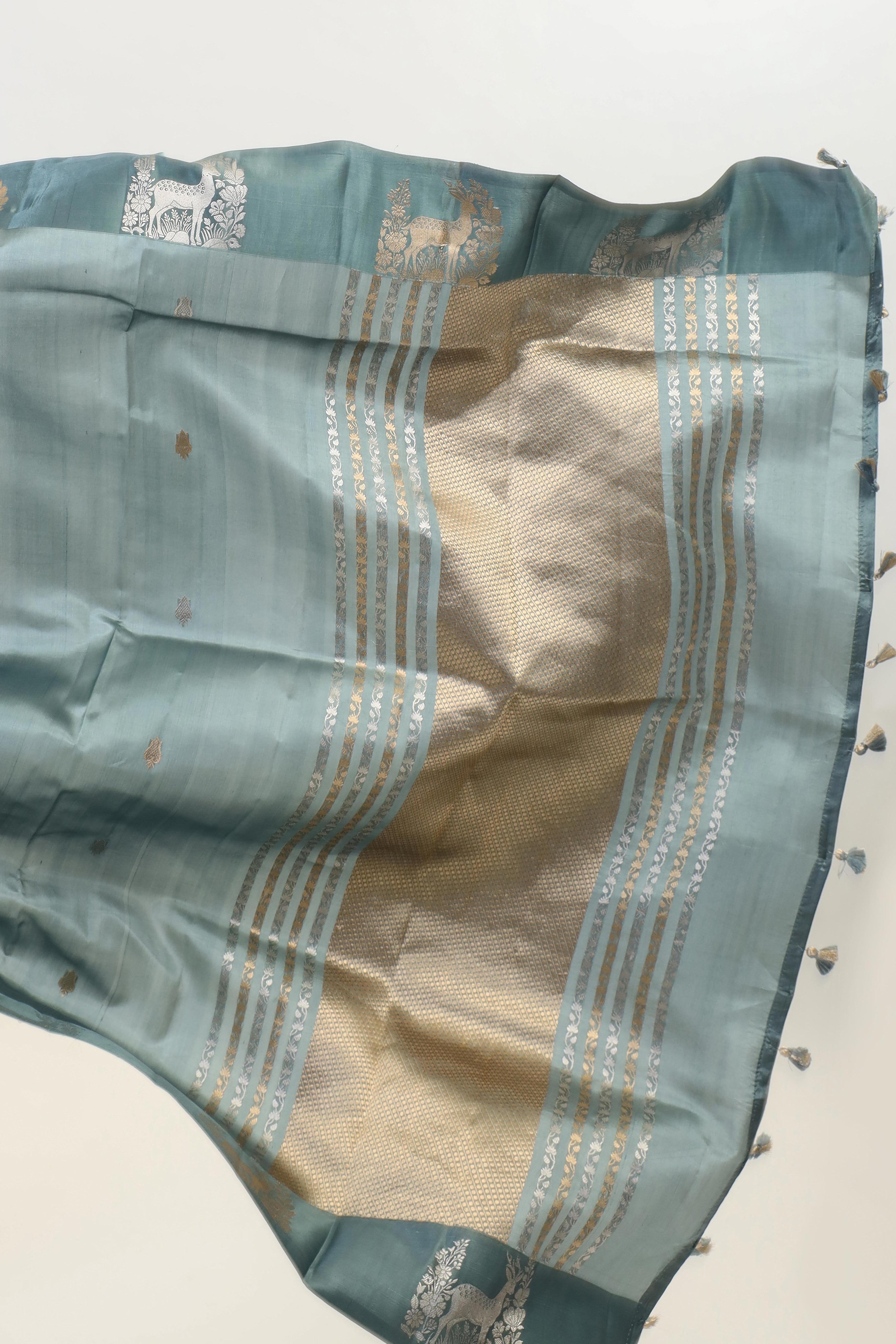 Teal Blue Handwoven Pure Banarasi Katan Soft Silk Saree