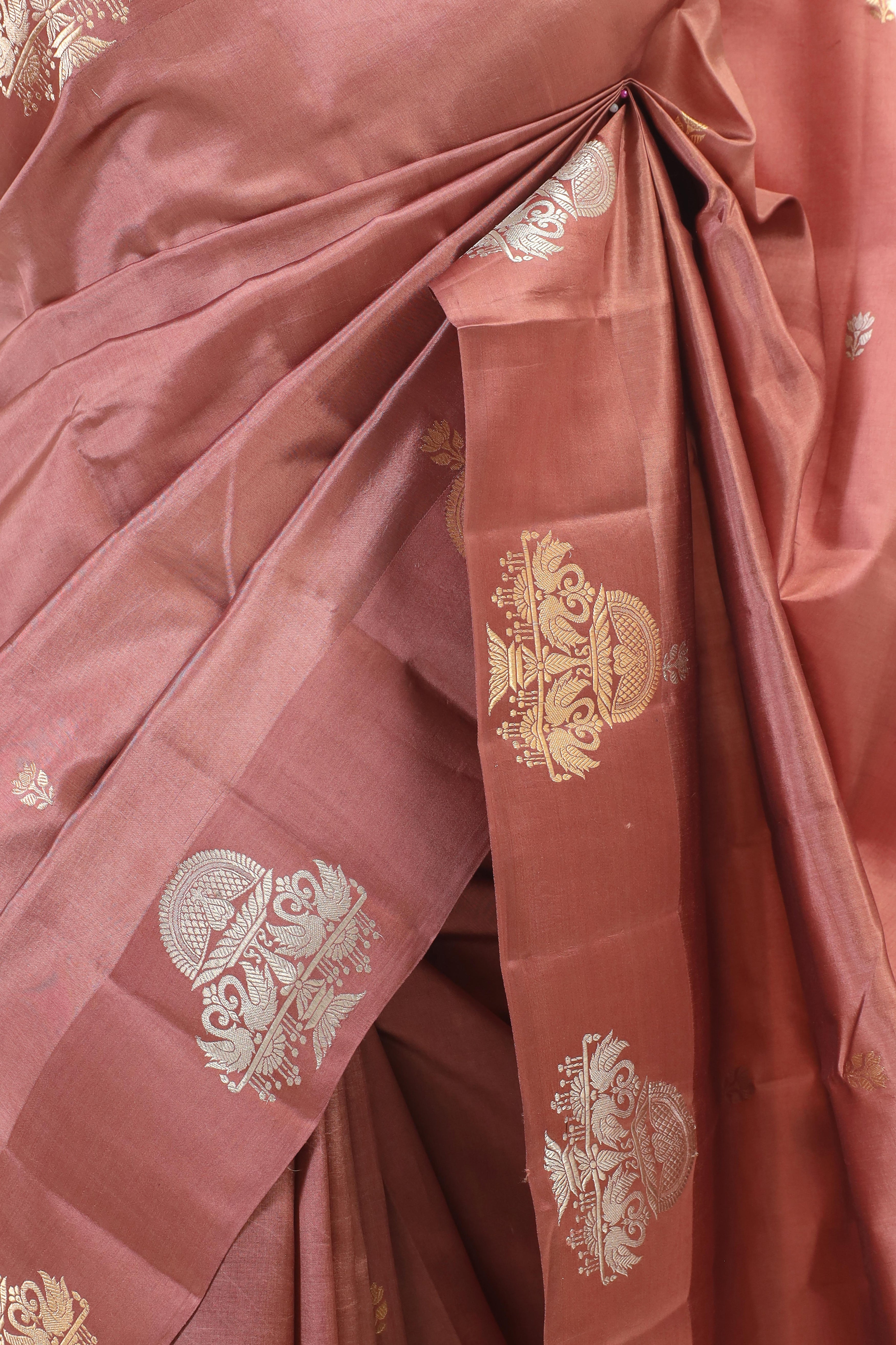 Reddish Brown Handwoven Pure Banarasi Katan Soft Silk Saree