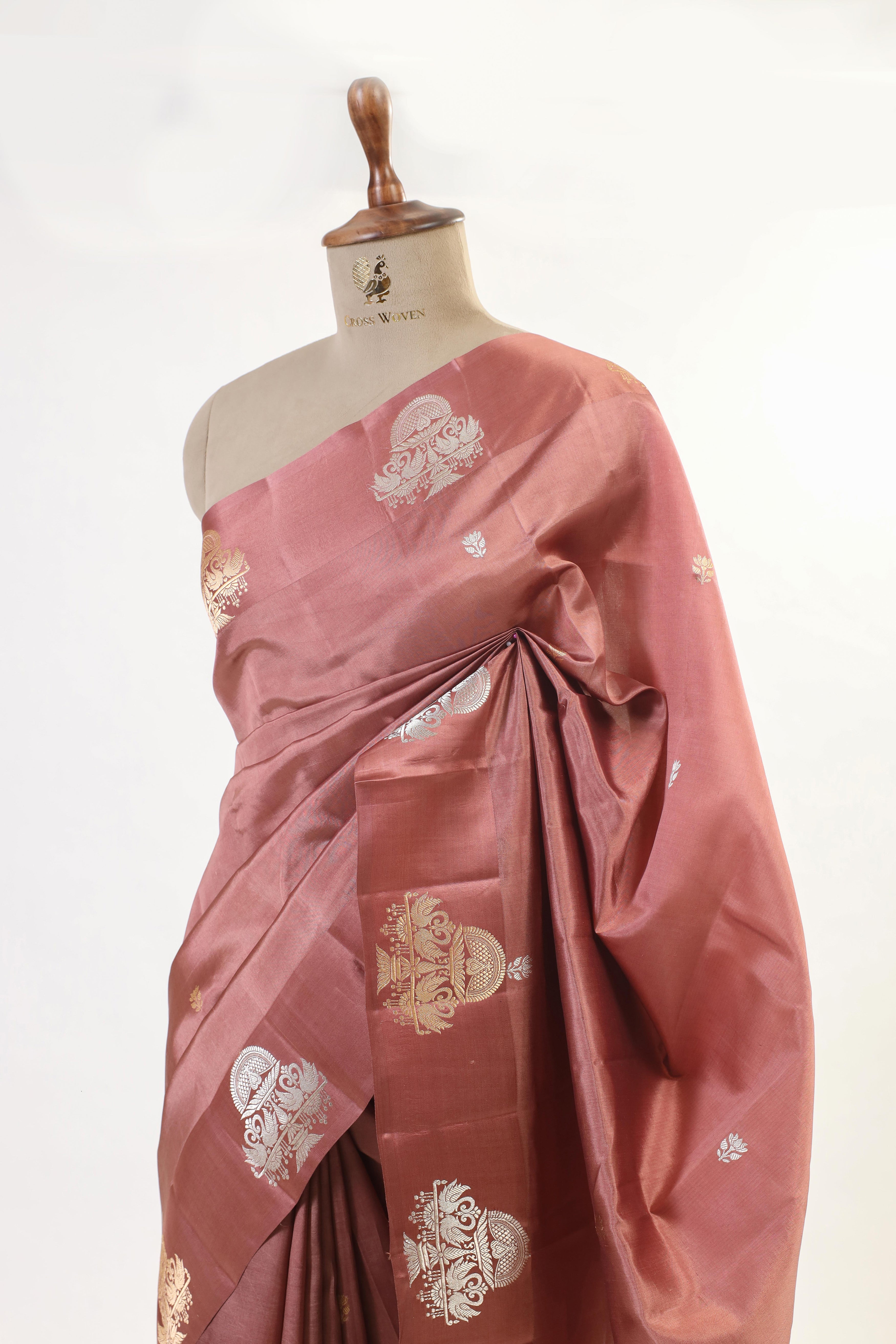 Reddish Brown Handwoven Pure Banarasi Katan Soft Silk Saree