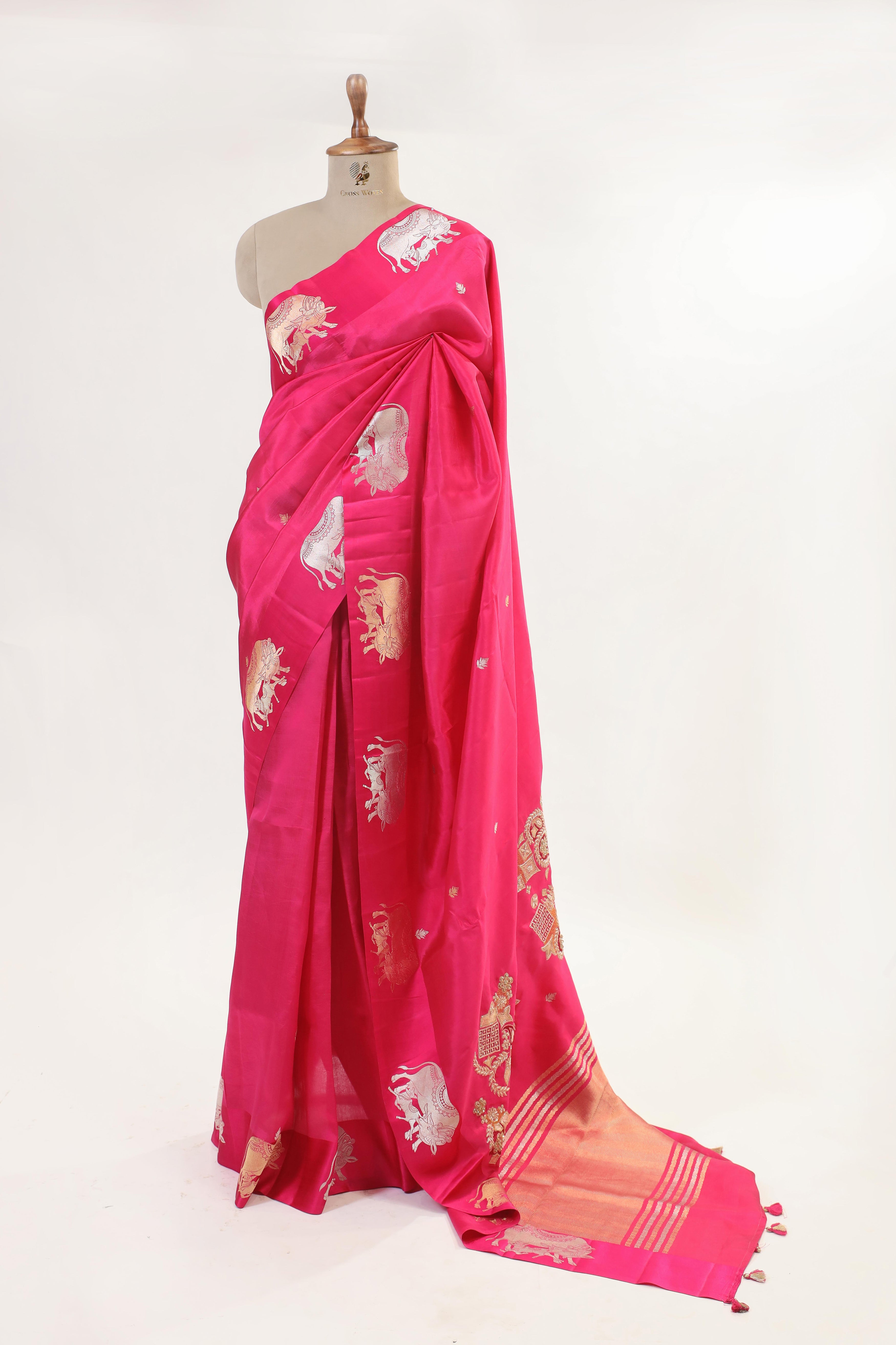 Gayatri Mantra Embellished Handwoven Pink Banarasi Soft Silk Saree With Nandi Motifs