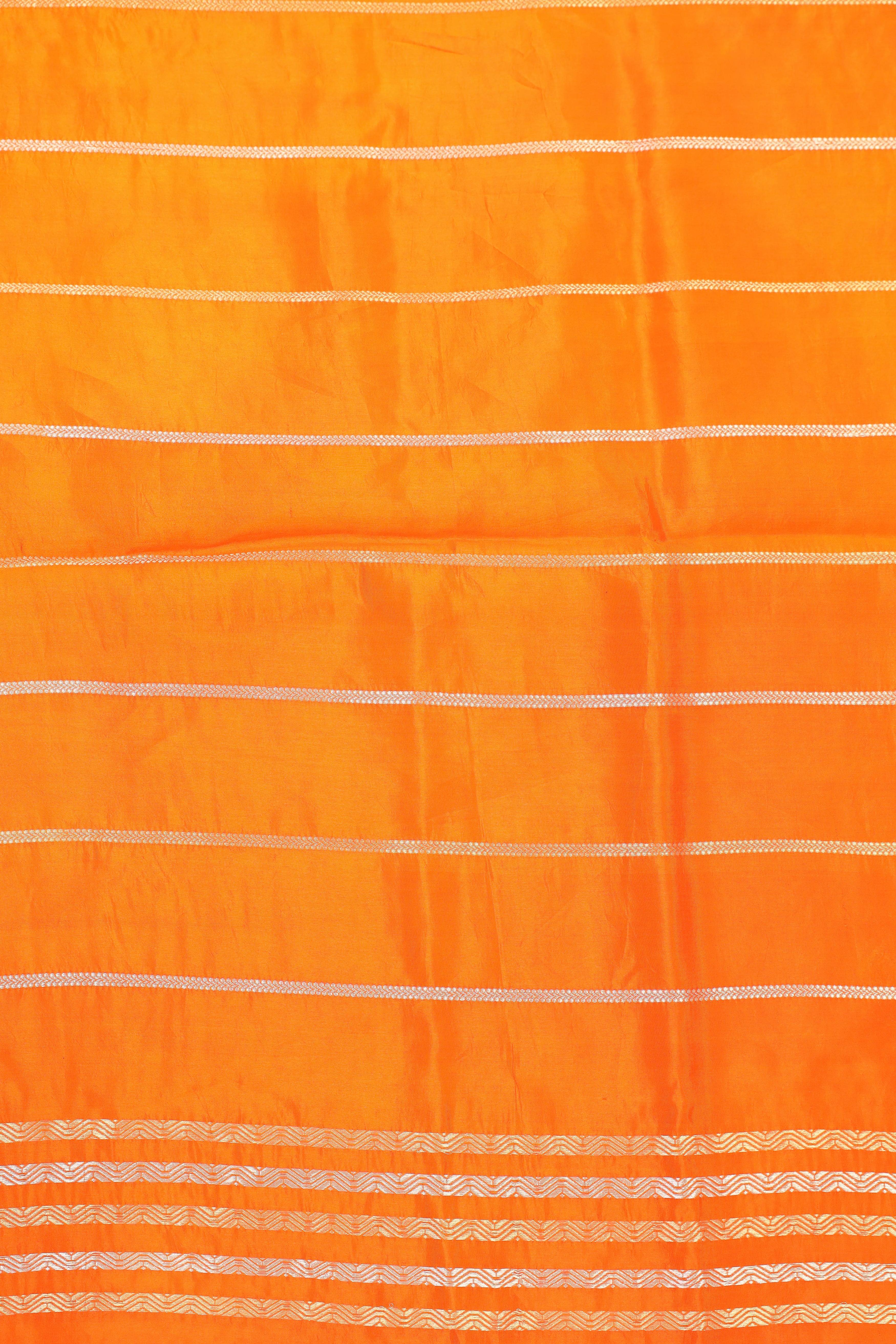 Gayatri Mantra Embellished Handwoven Orange Banarasi Soft Silk Saree WIth Nandi Motifs