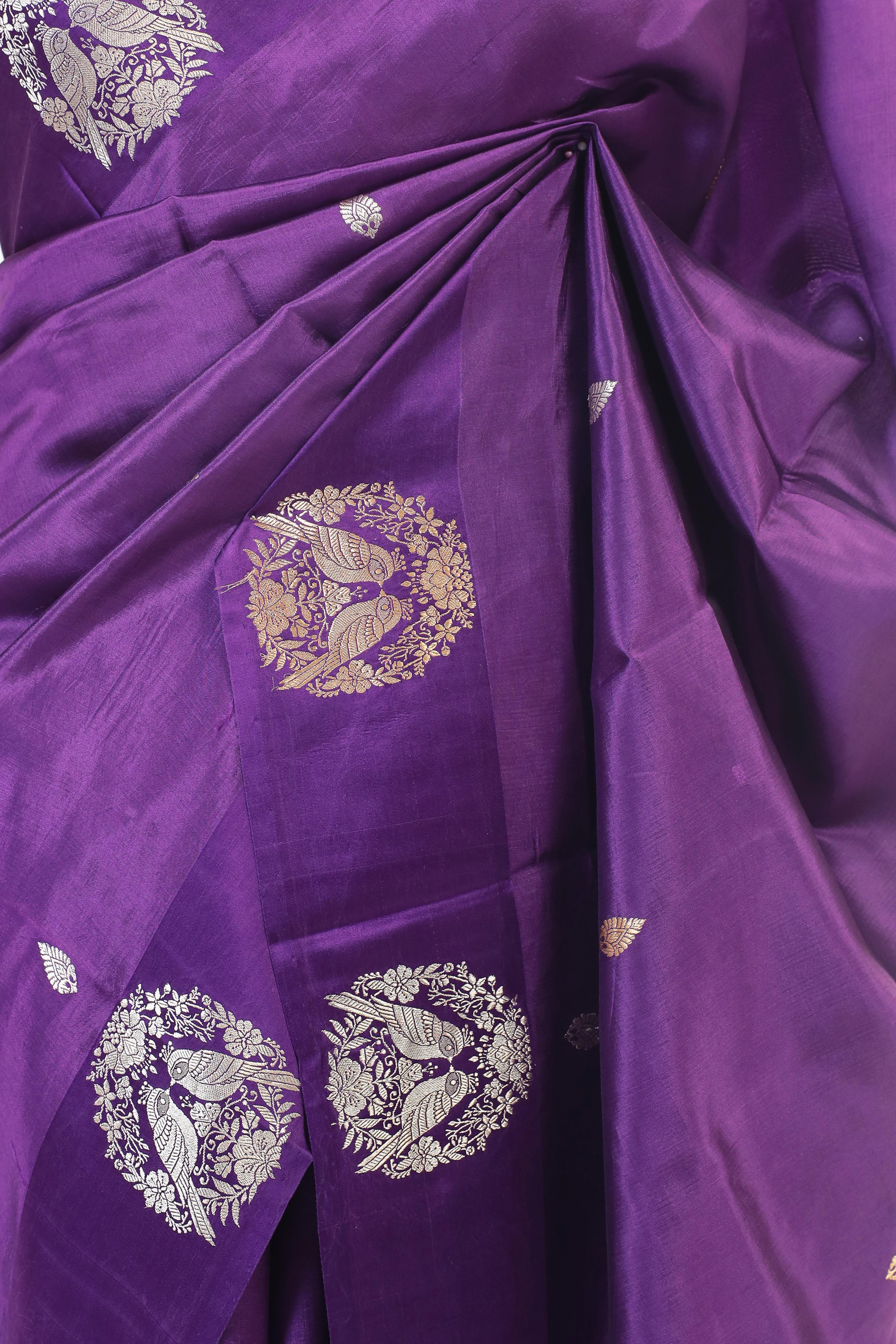 Gayatri Mantra Elaborated Handwoven Purple Banarasi Soft Silk Saree With Bird Motifs