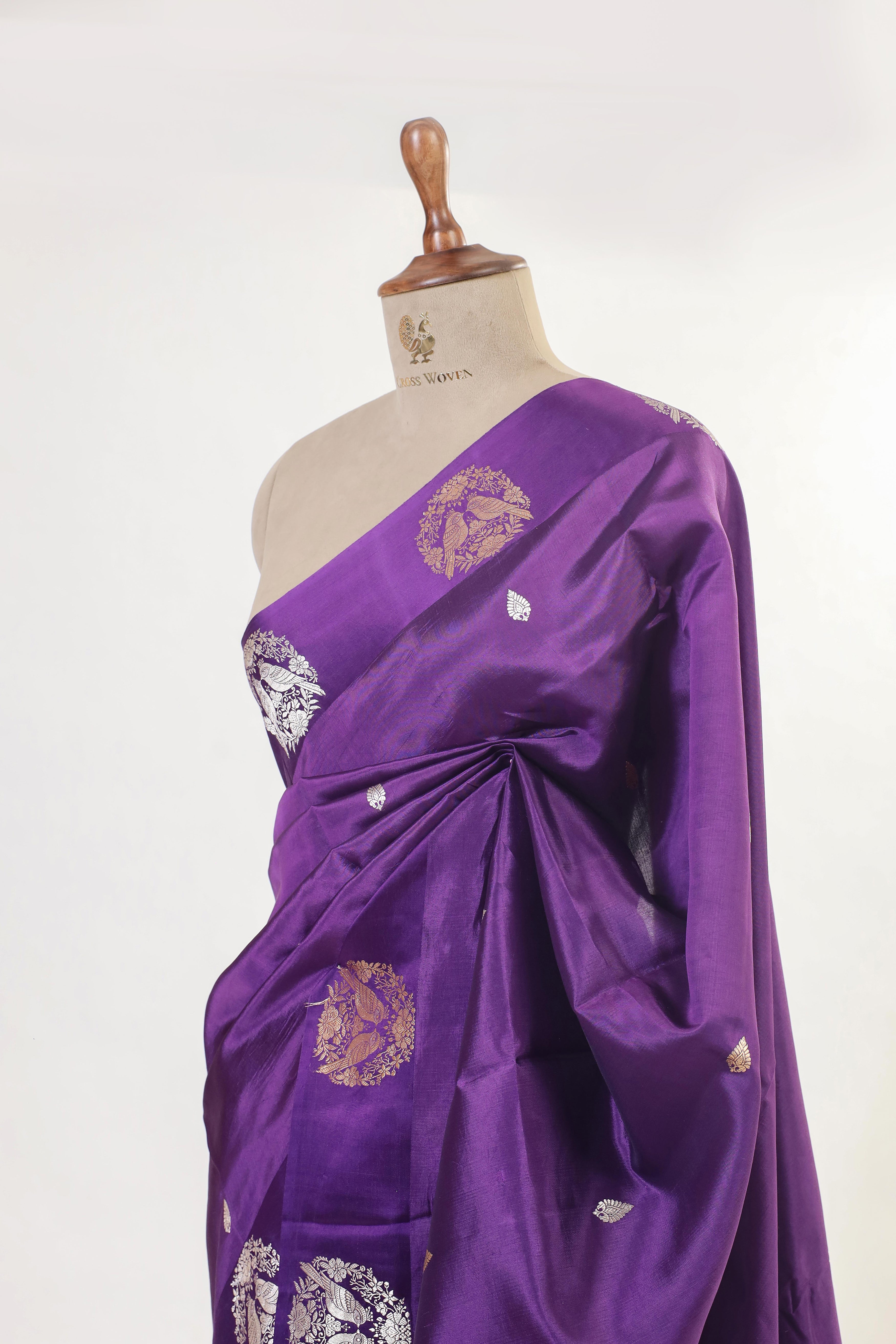 Gayatri Mantra Elaborated Handwoven Purple Banarasi Soft Silk Saree With Bird Motifs