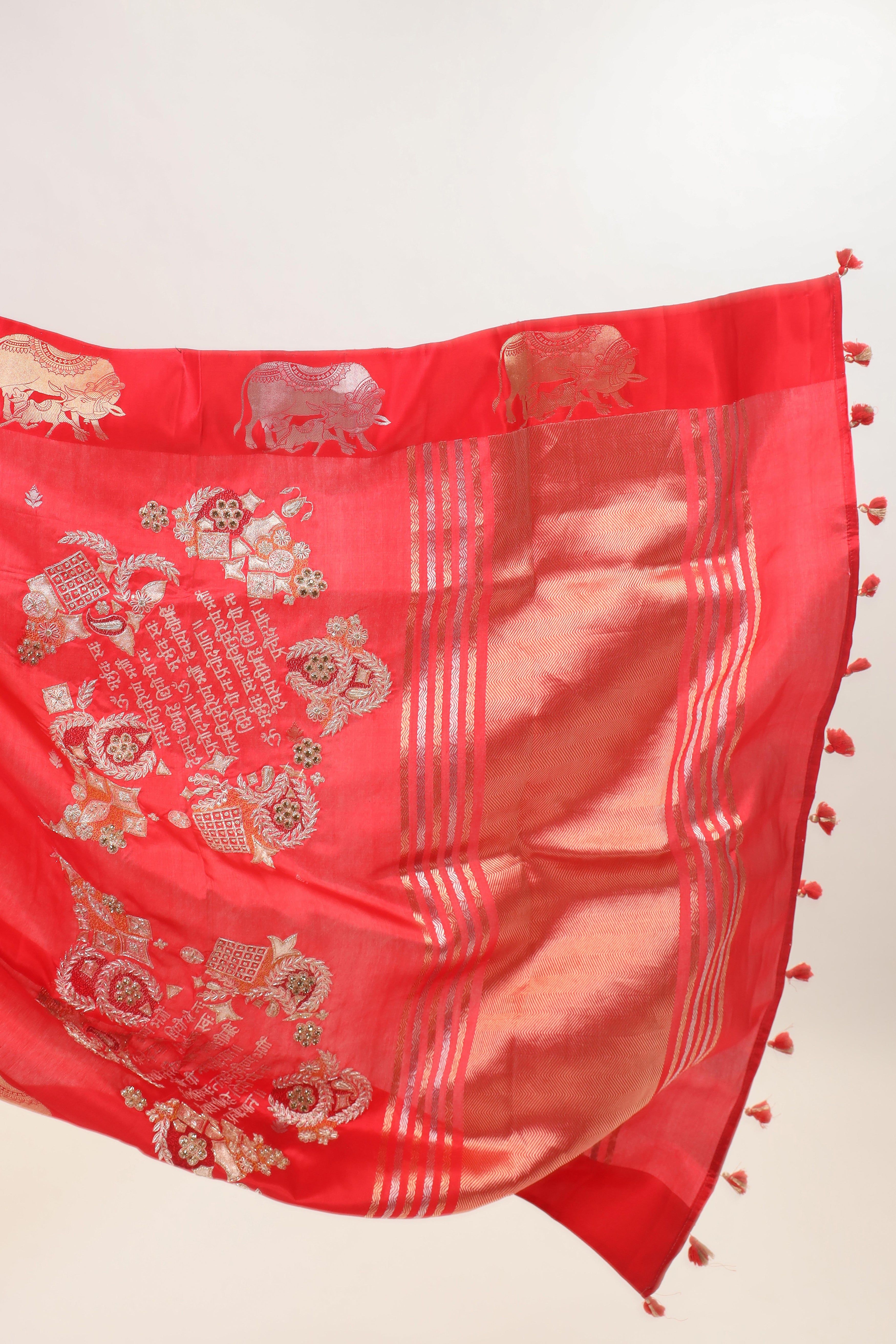 Gayatri Mantra Elaborated Handwoven Red Banarasi Soft Silk Saree With Nandi Motifs
