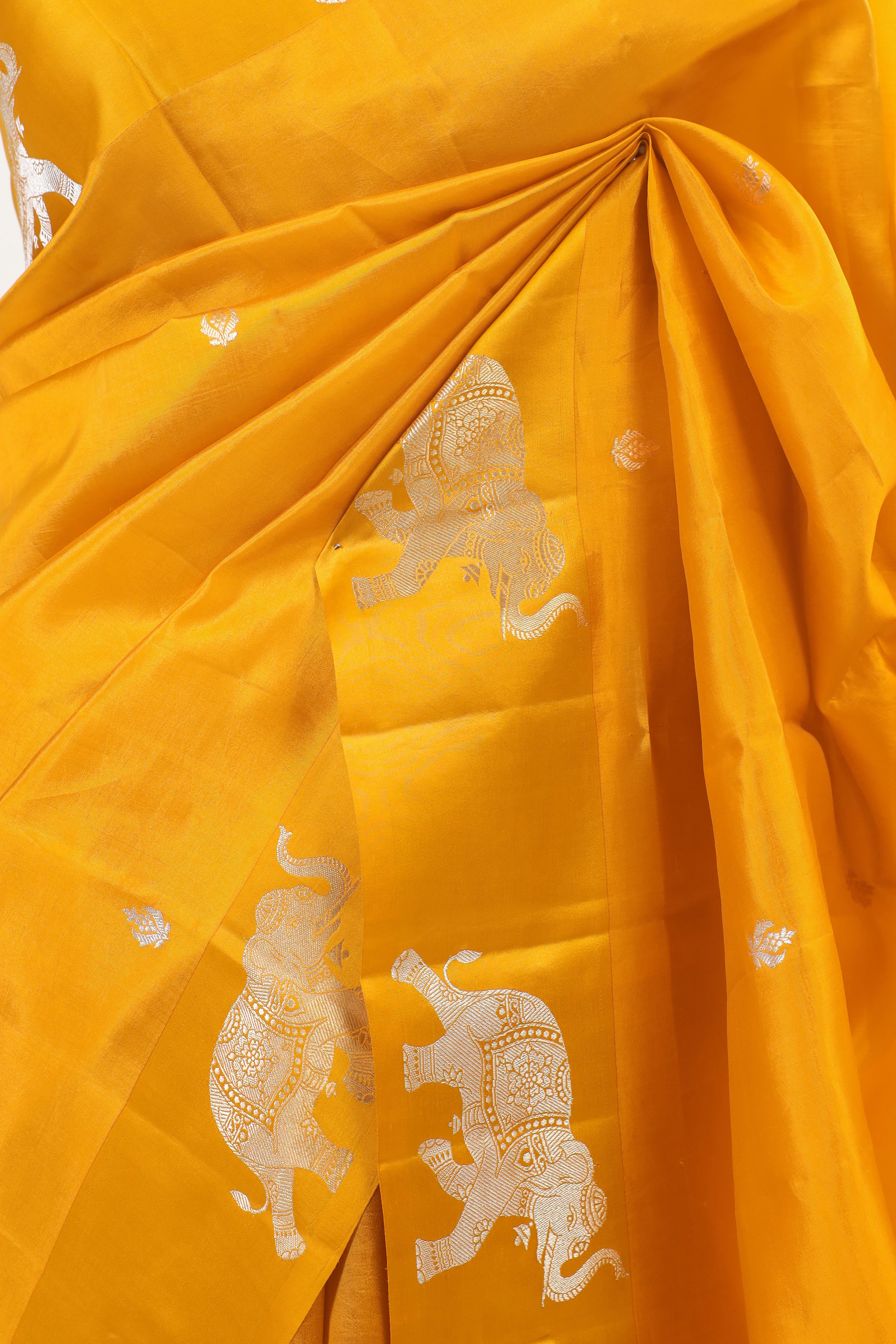 Mustard Yellow Banarasi Soft Silk Saree With Ganesh Mantra Embroidery