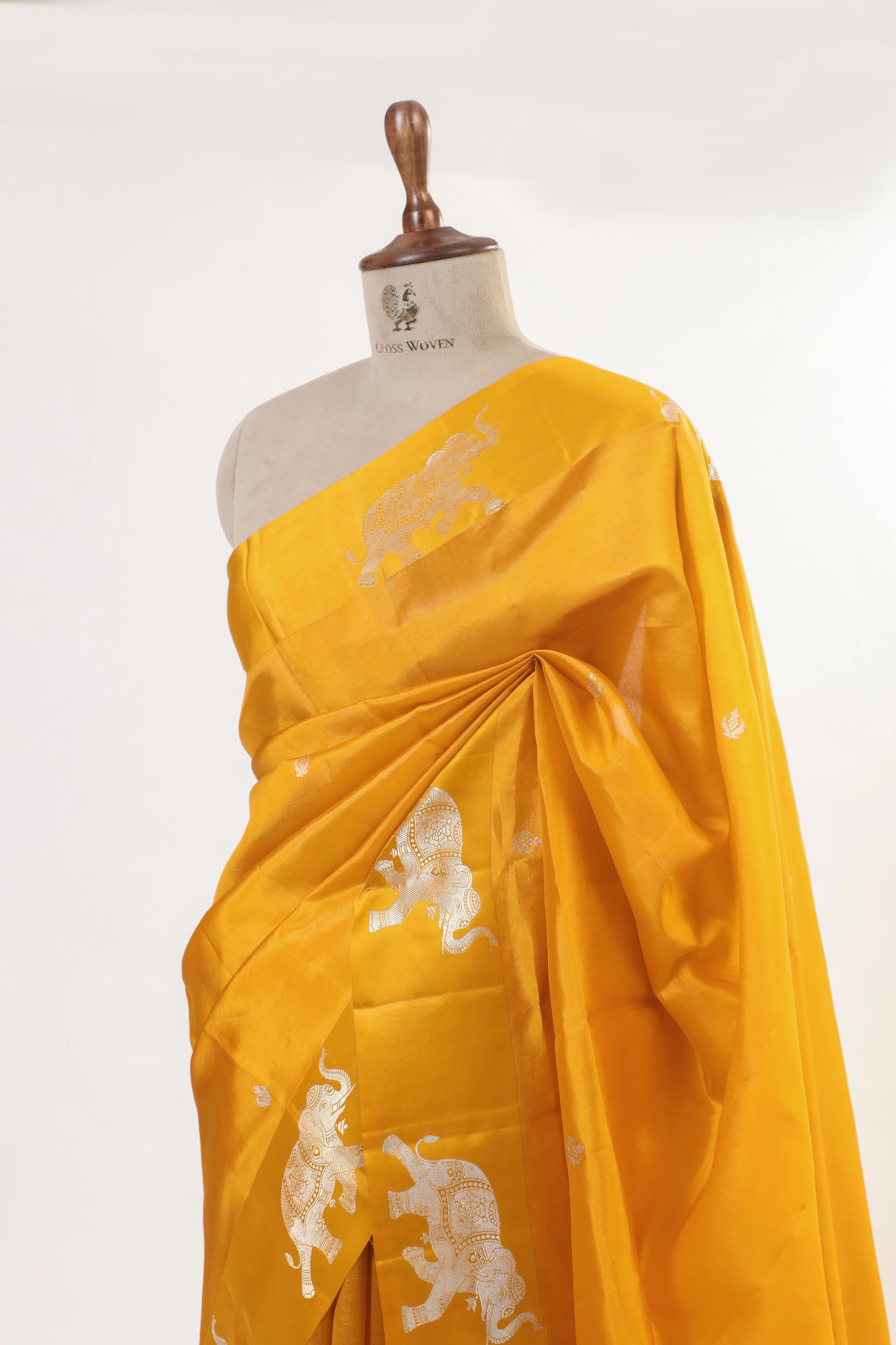 Mustard Yellow Banarasi Soft Silk Saree With Ganesh Mantra Embroidery