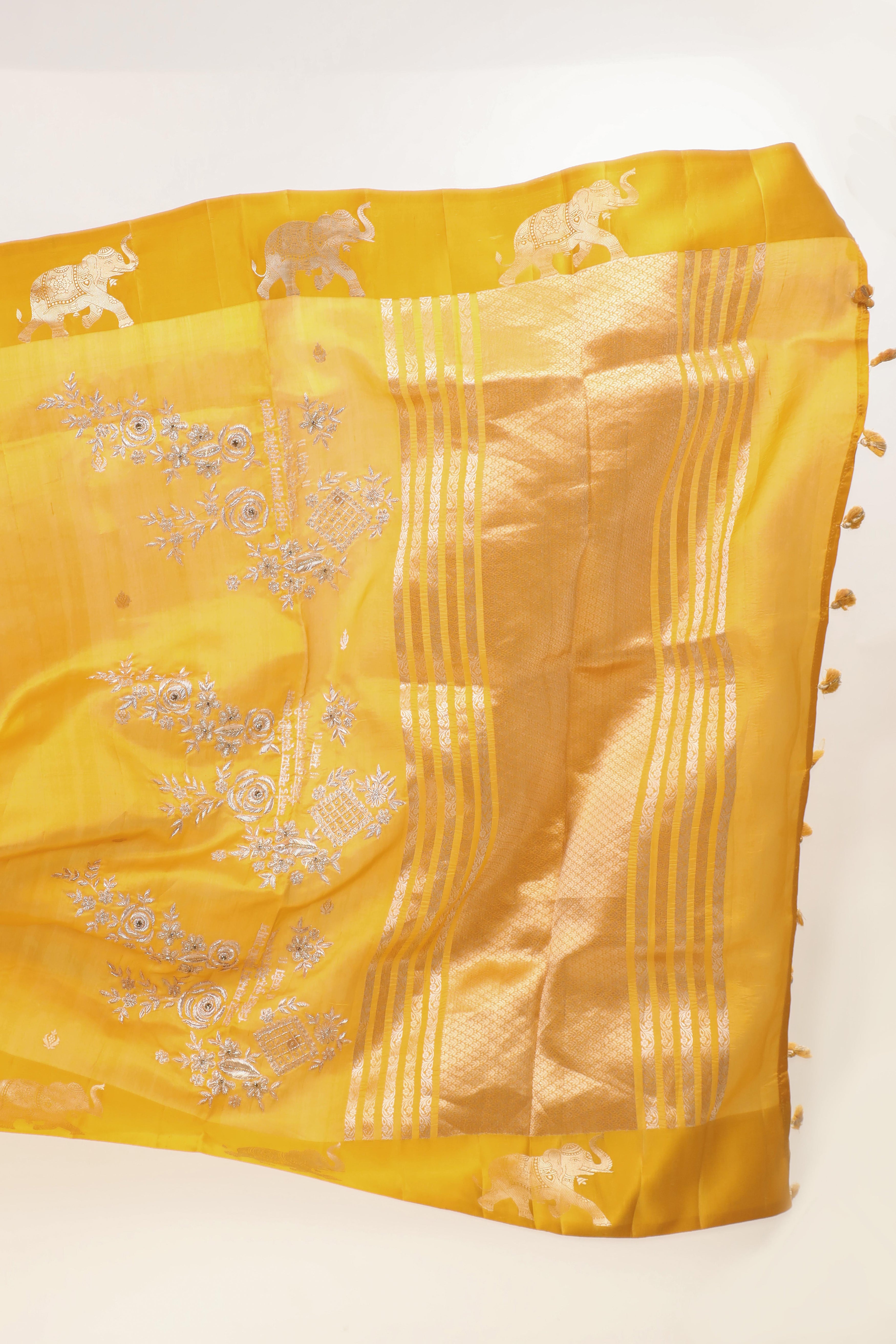 Mustard Yellow Banarasi Soft Silk Saree With Ganesh Mantra Embroidery