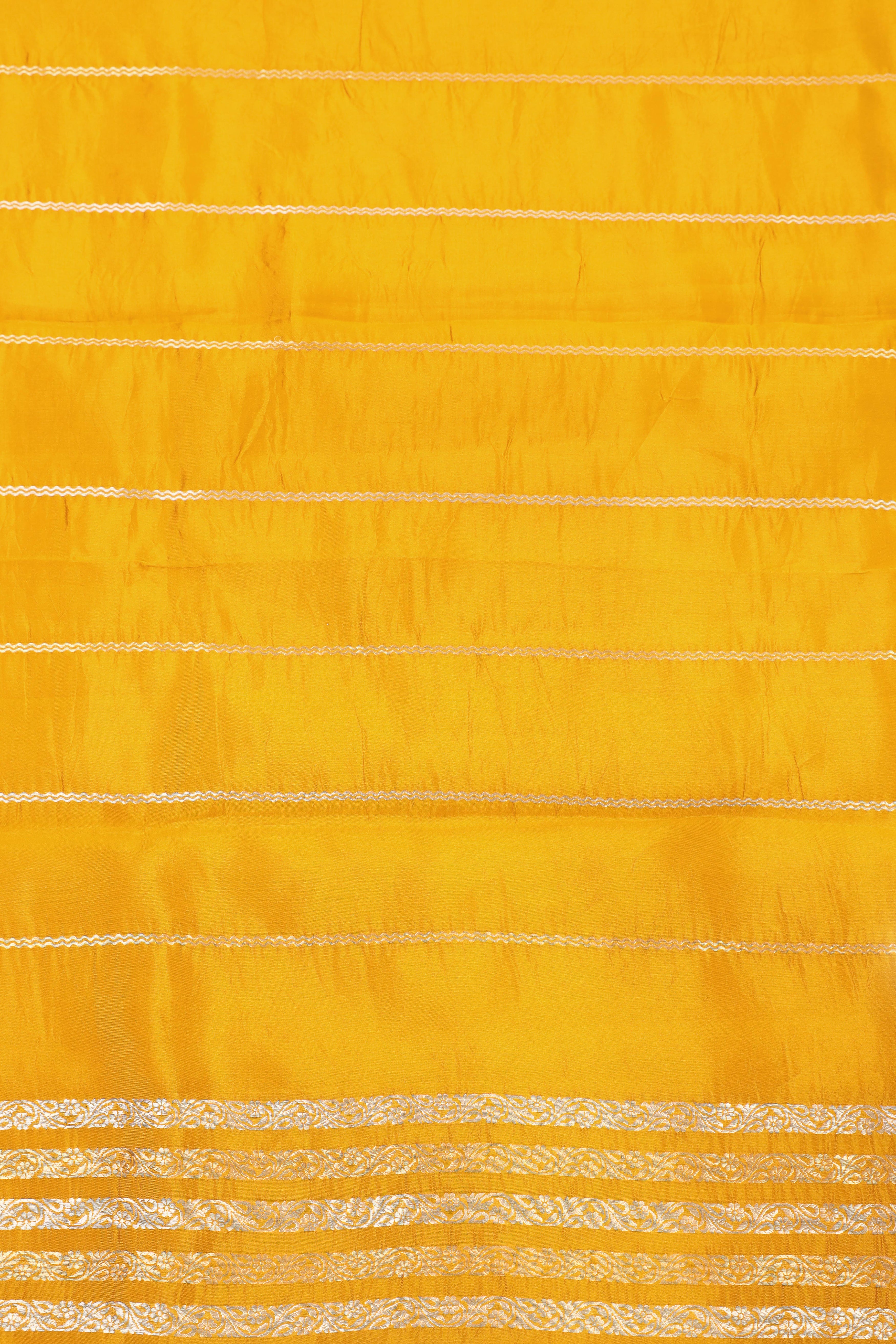 Mustard Yellow Banarasi Soft Silk Saree With Ganesh Mantra Embroidery