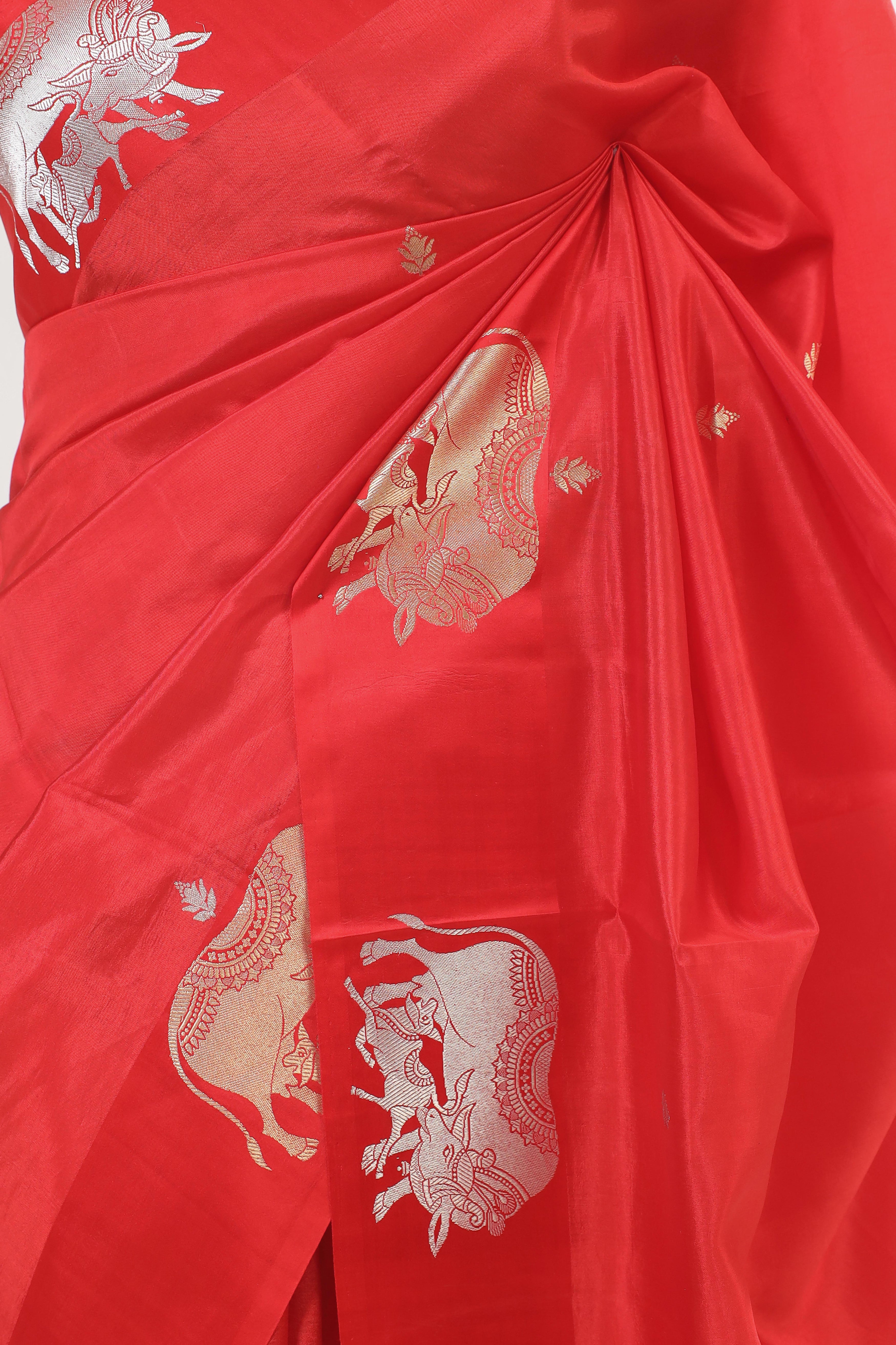 Red Banarasi Soft Silk Saree With Ganesh Mantra Embroidery