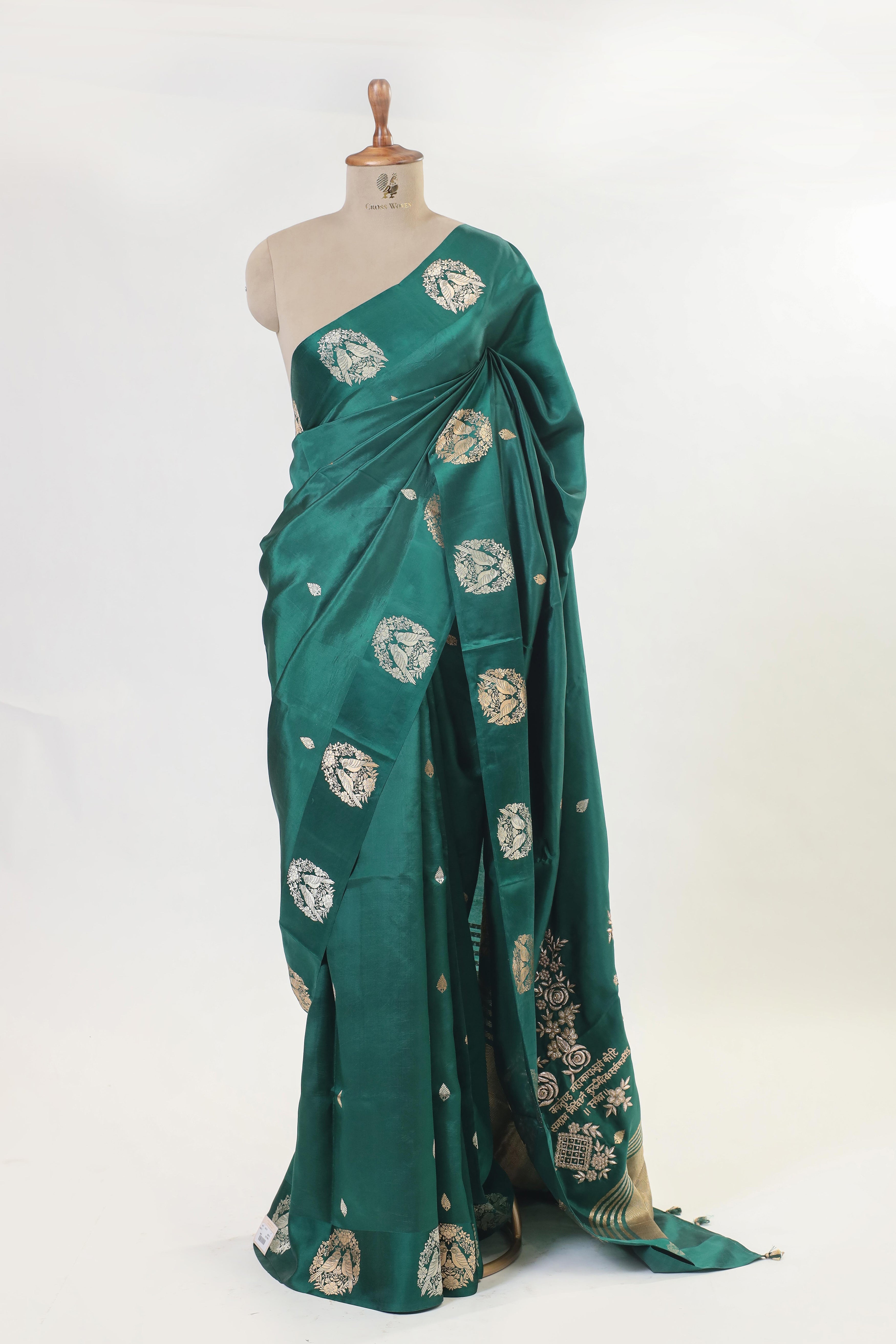 Emerald Green Banarasi Soft Silk Saree With Ganesh Mantra Embroidery