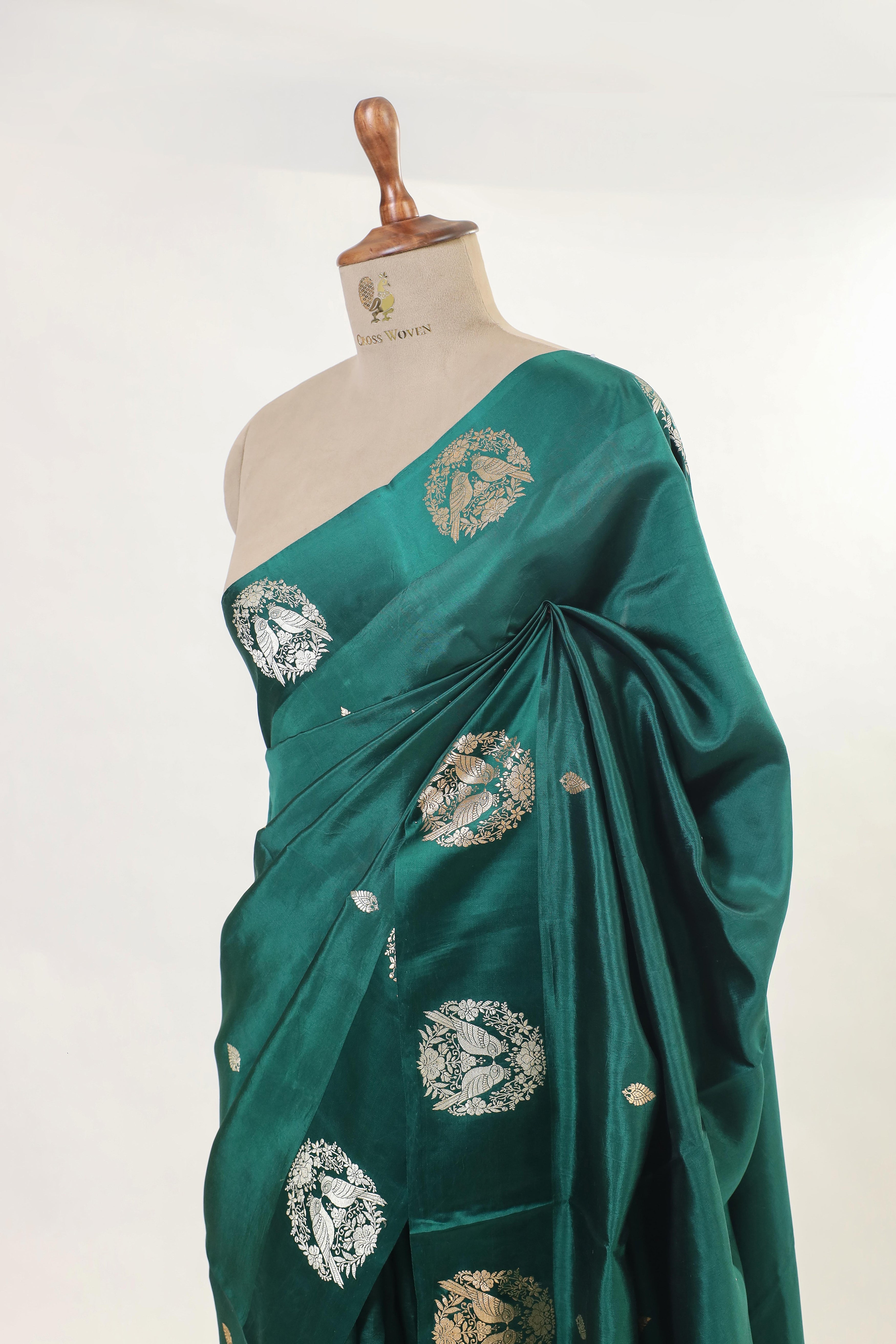 Emerald Green Banarasi Soft Silk Saree With Ganesh Mantra Embroidery