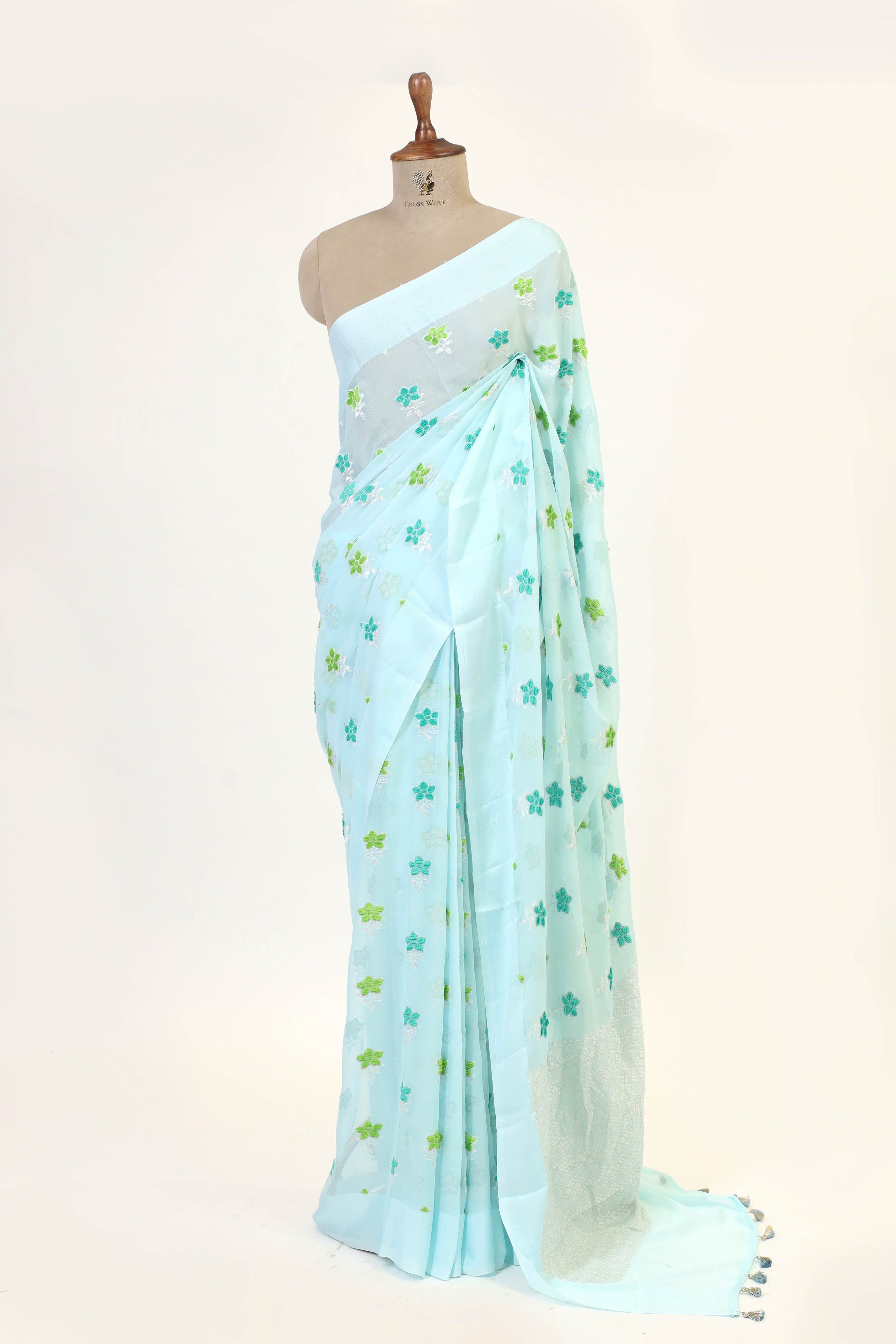 Powder Blue Banarasi Georgette Khaddi Floral Velvet Meenakari Silk Saree