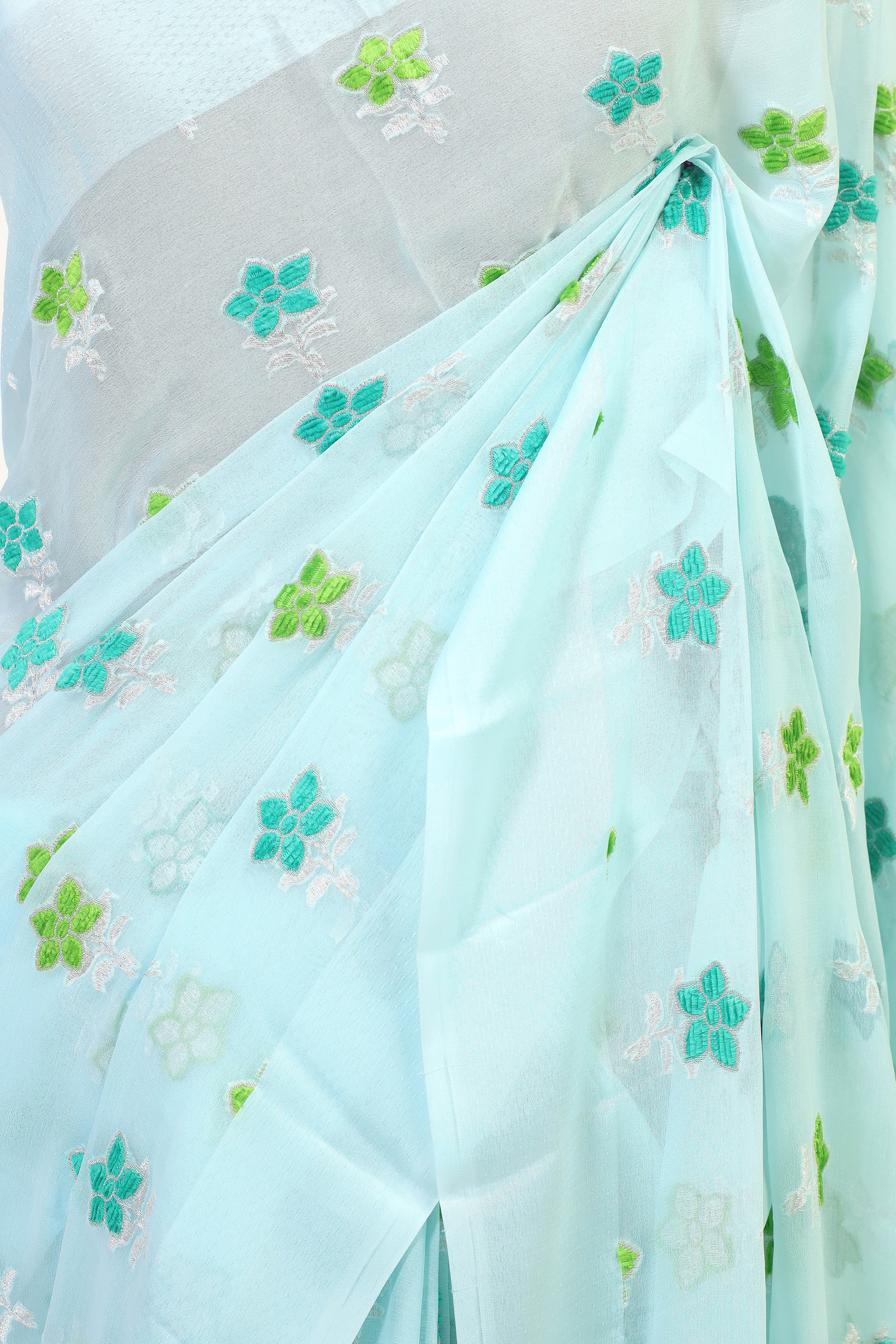 Powder Blue Banarasi Georgette Khaddi Floral Velvet Meenakari Silk Saree