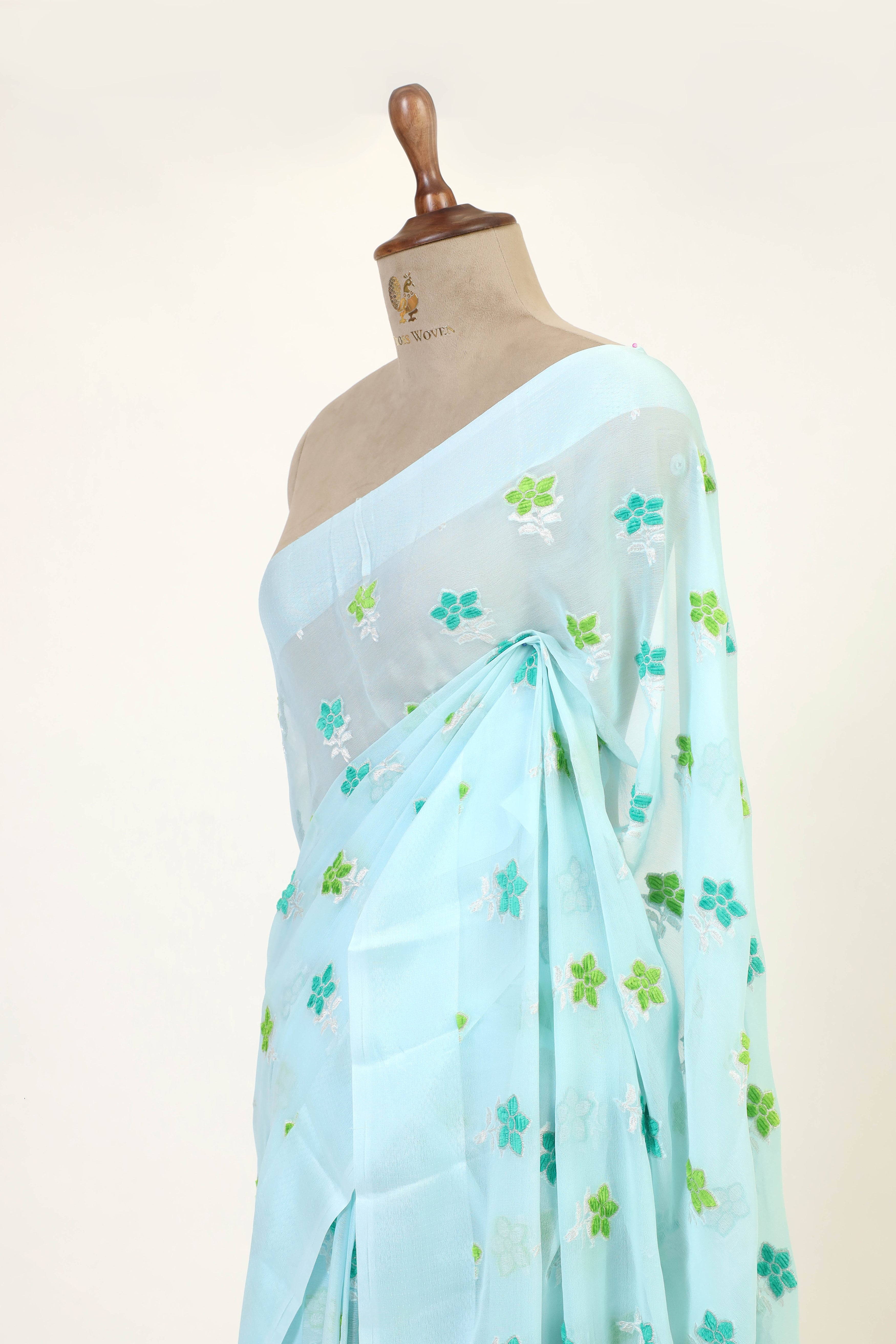 Powder Blue Banarasi Georgette Khaddi Floral Velvet Meenakari Silk Saree