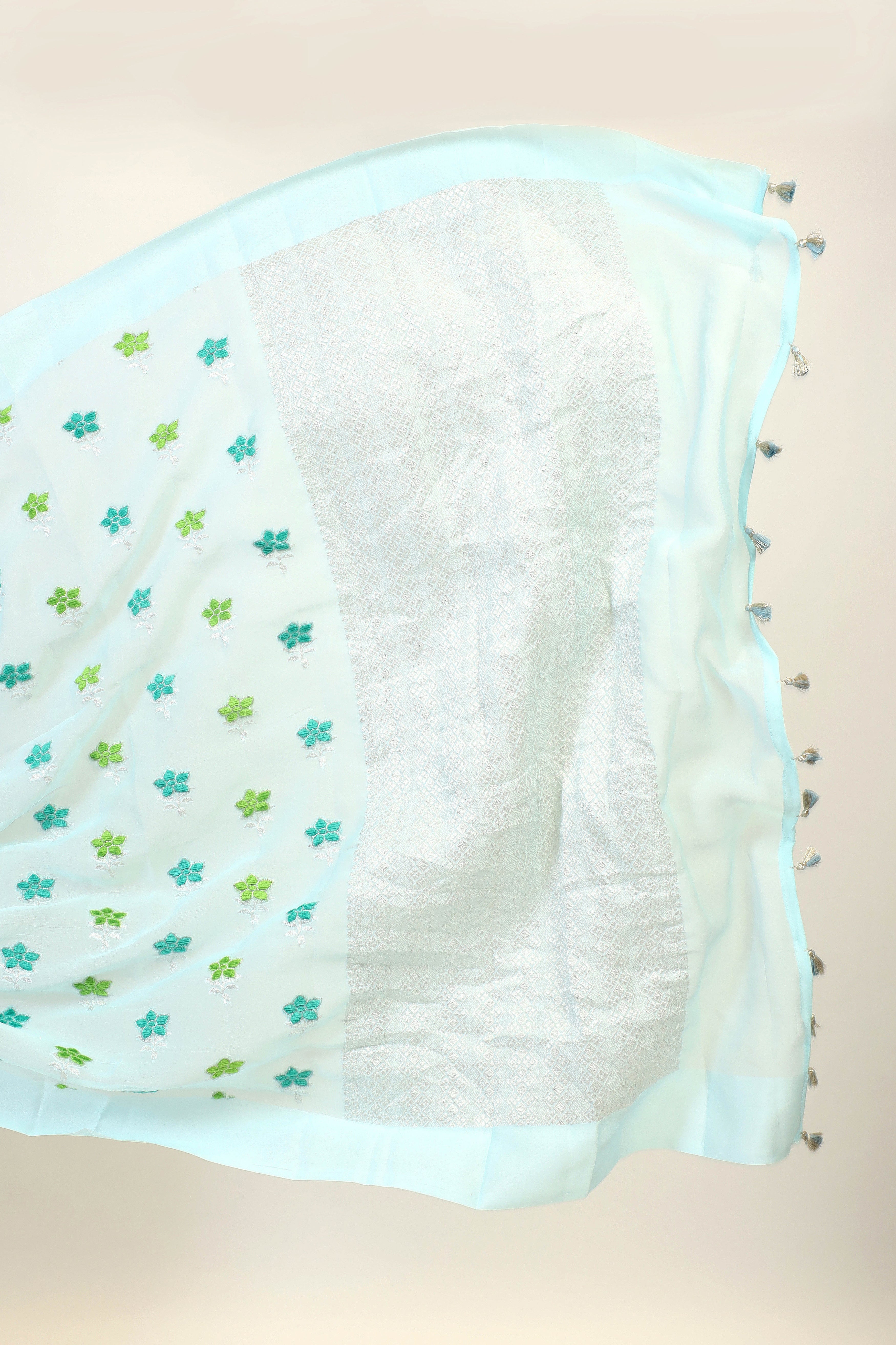 Powder Blue Banarasi Georgette Khaddi Floral Velvet Meenakari Silk Saree