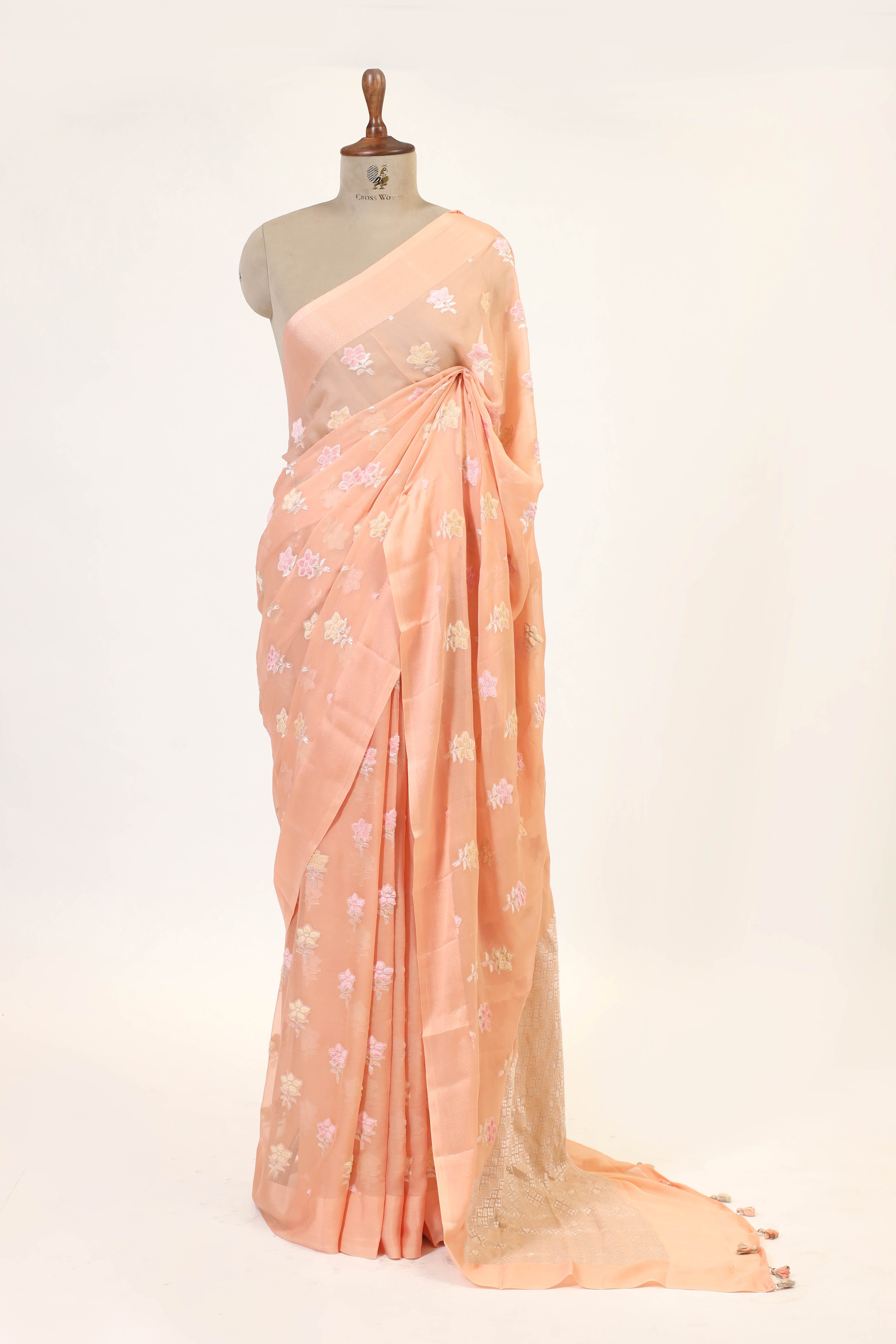 Peach Pink Banarasi Georgette Khaddi Floral Velvet Meenakari Silk Saree