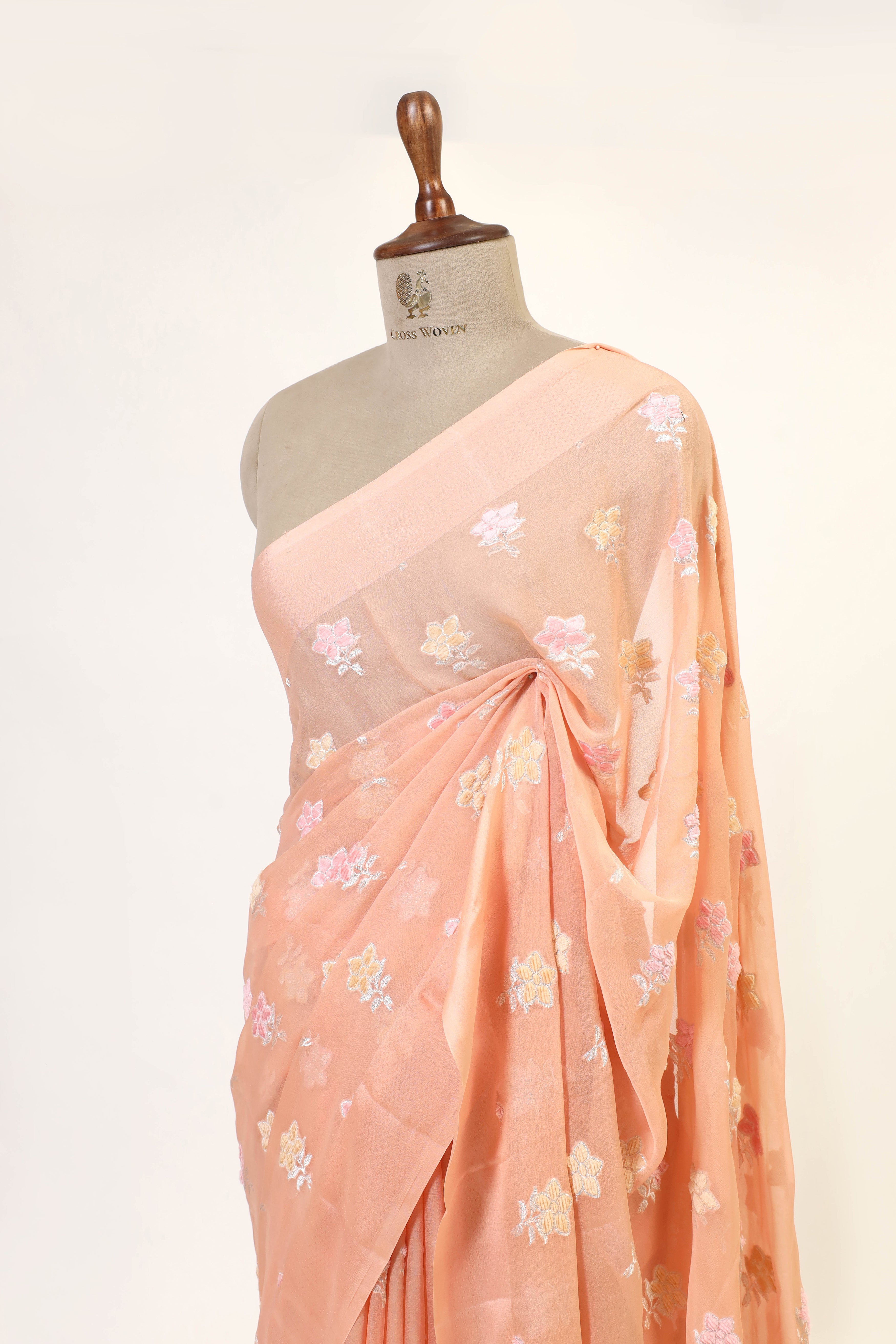 Peach Pink Banarasi Georgette Khaddi Floral Velvet Meenakari Silk Saree