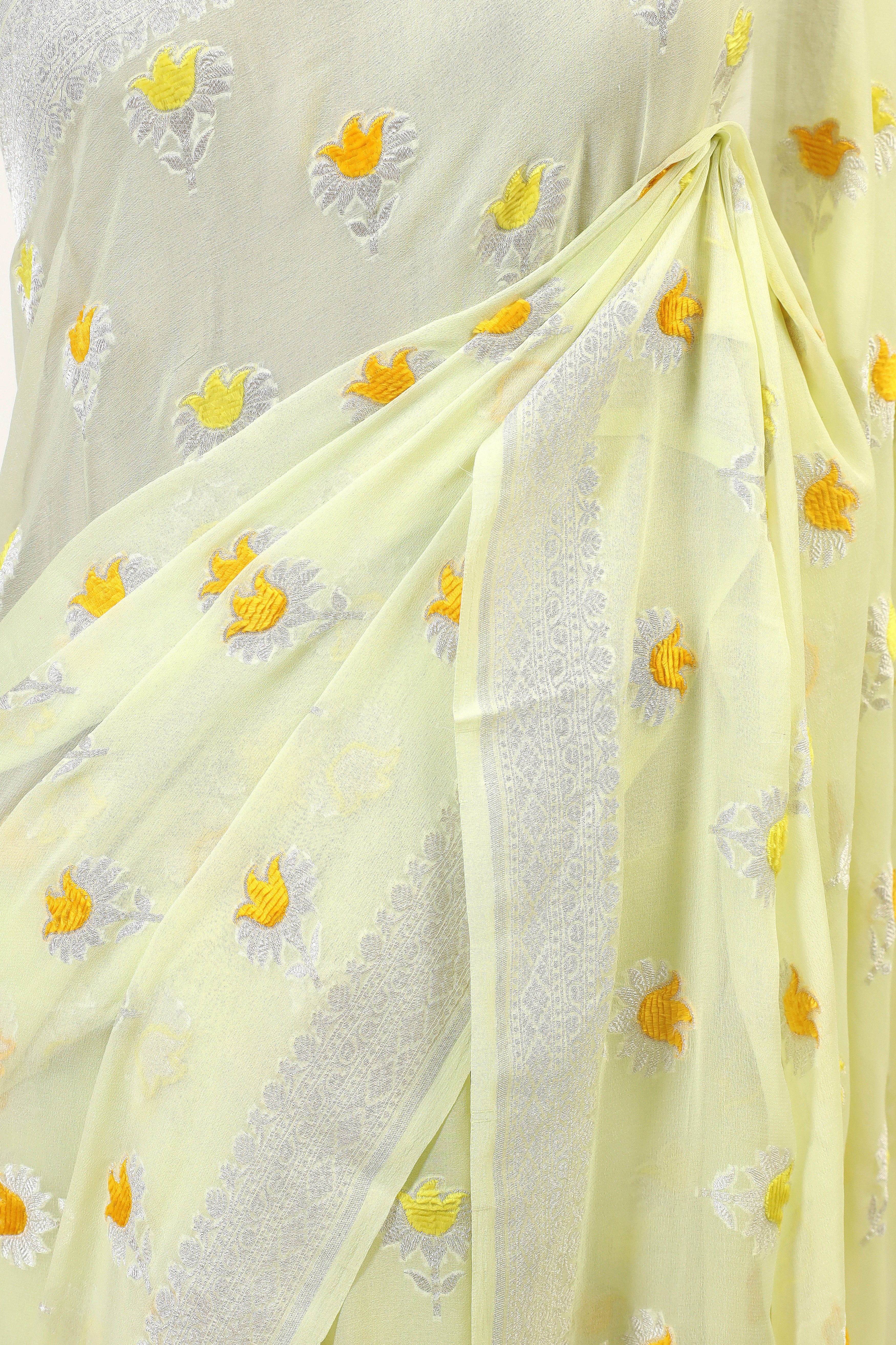 Pastel Lemon Yellow Banarasi Georgette Khaddi Floral Velvet Meenakari Silk Saree