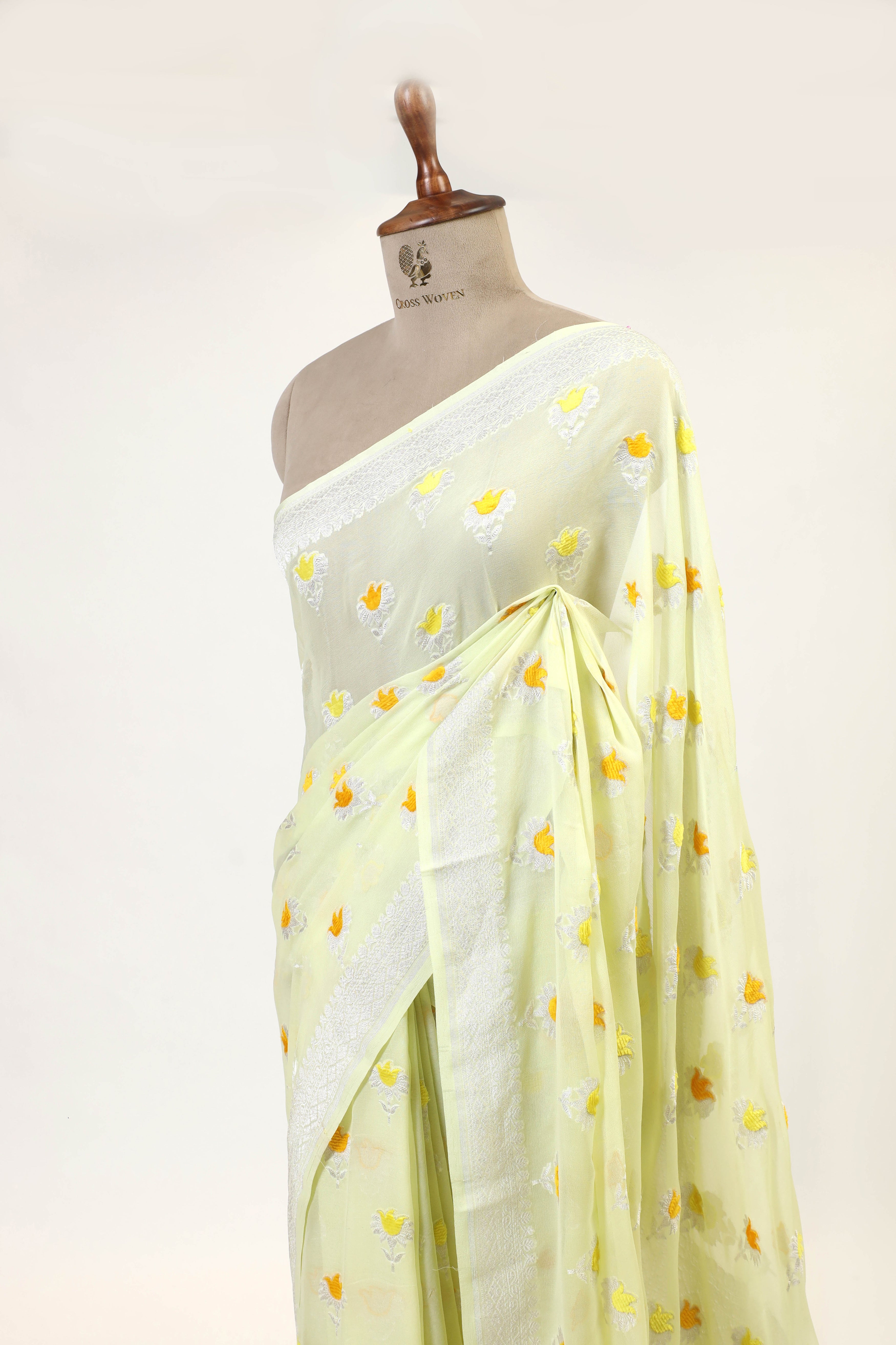 Pastel Lemon Yellow Banarasi Georgette Khaddi Floral Velvet Meenakari Silk Saree