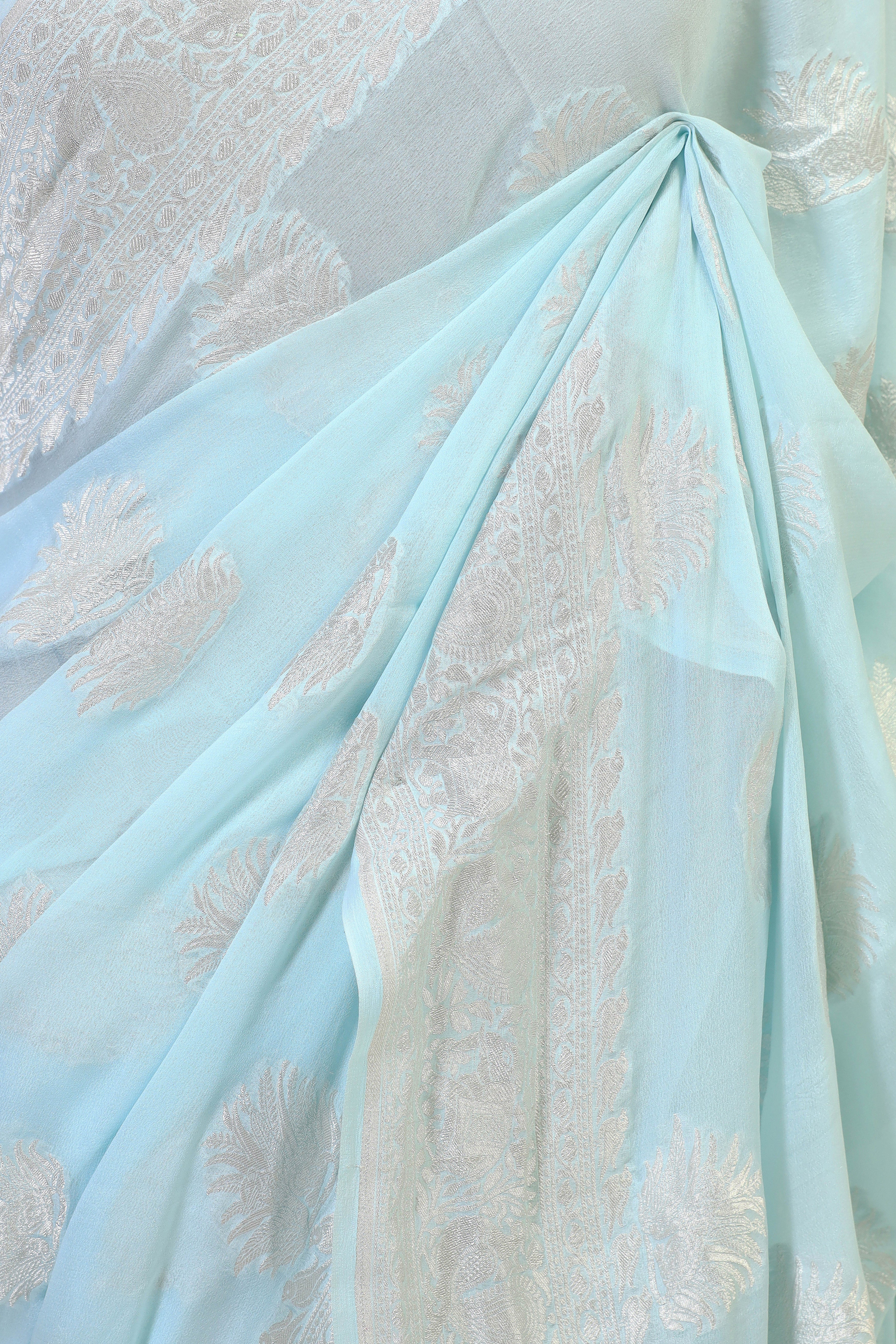 Sky Blue Banarasi Georgette Khaddi Floral Motif With Silver Zari Saree