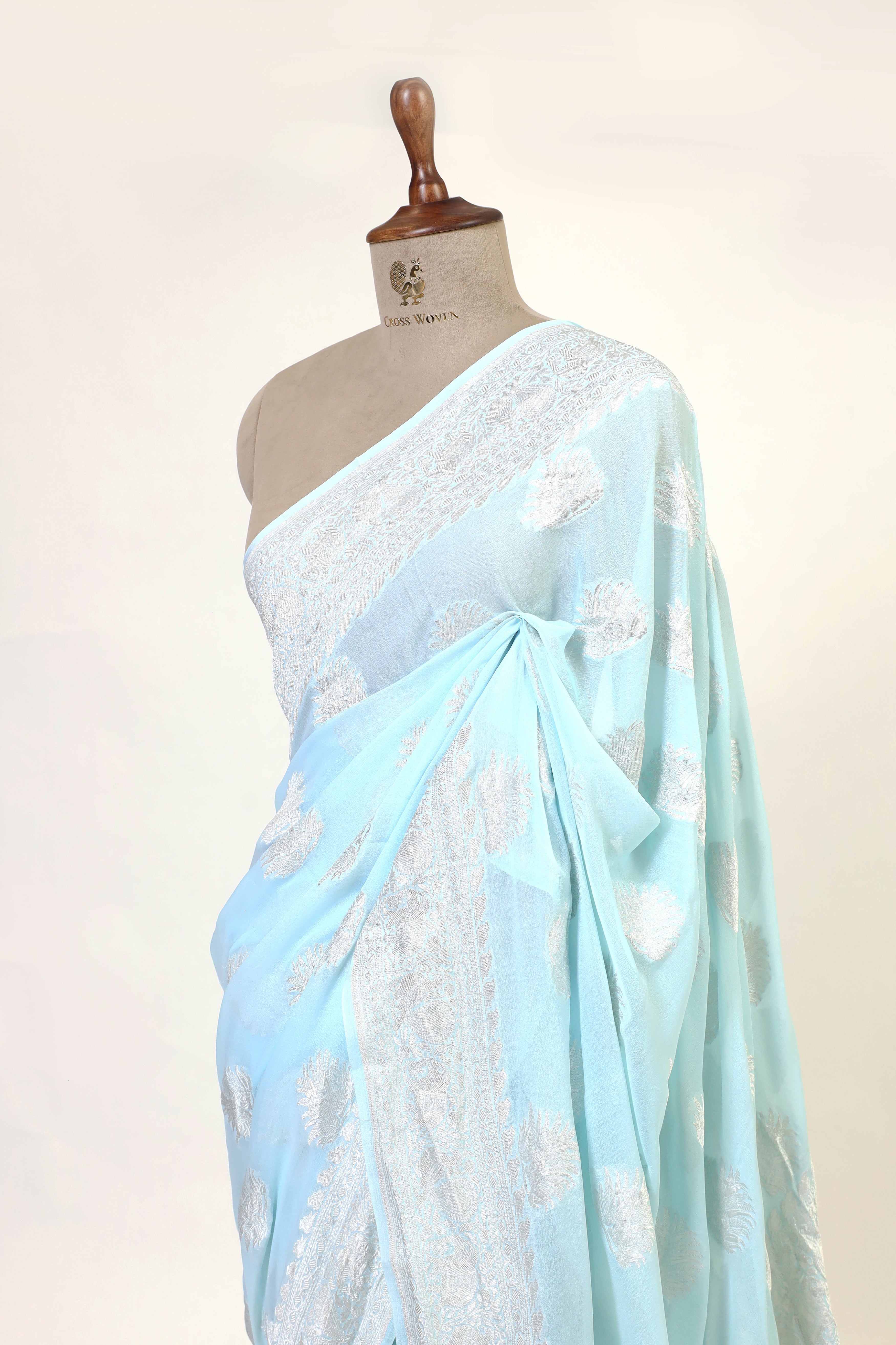Sky Blue Banarasi Georgette Khaddi Floral Motif With Silver Zari Saree