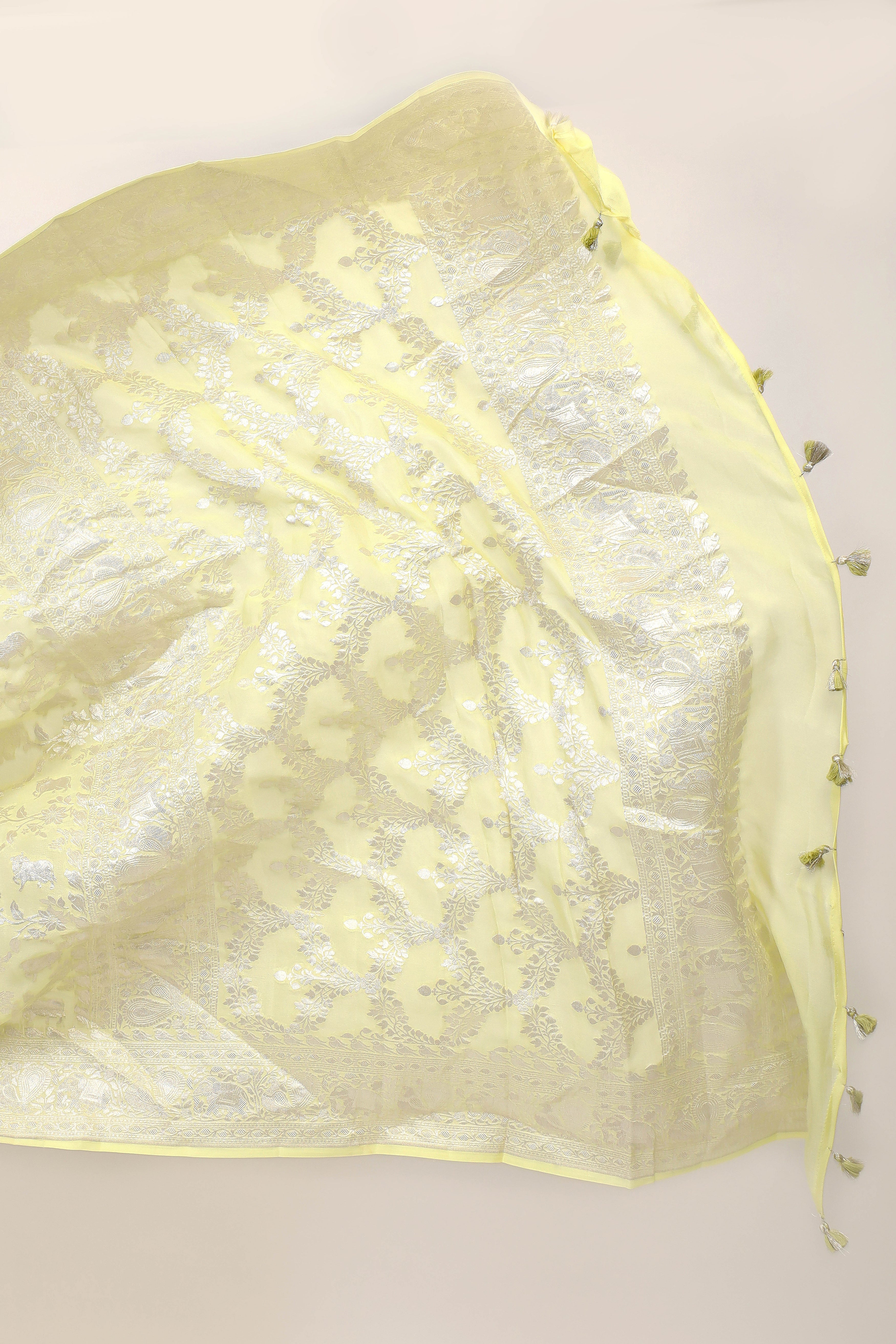 Lemon Yellow Banarasi Georgette Khaddi Floral Motif With Silver Zari Silk Saree