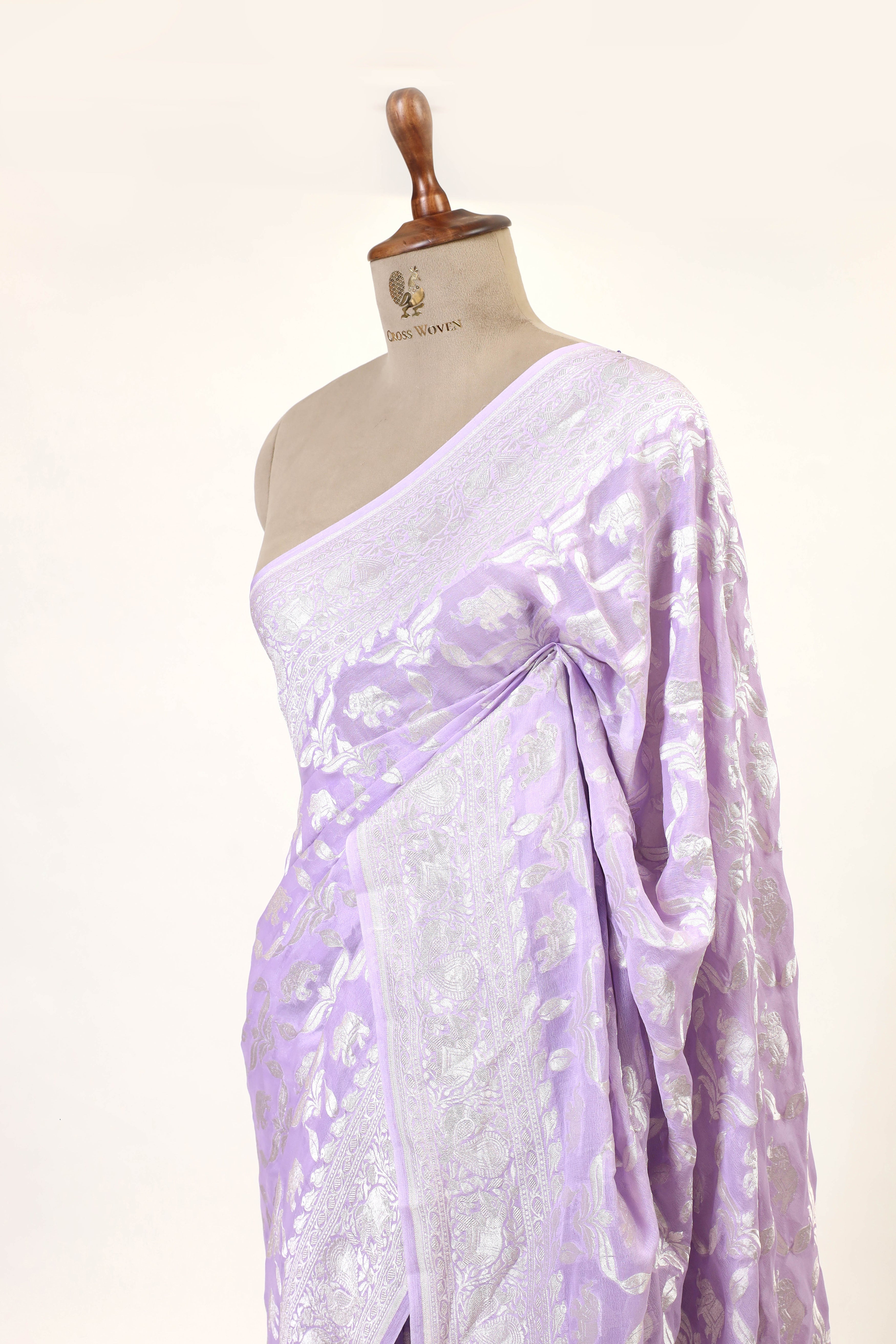 Lavender Banarasi Georgette Khaddi Floral Jaal With Silver Zari Saree