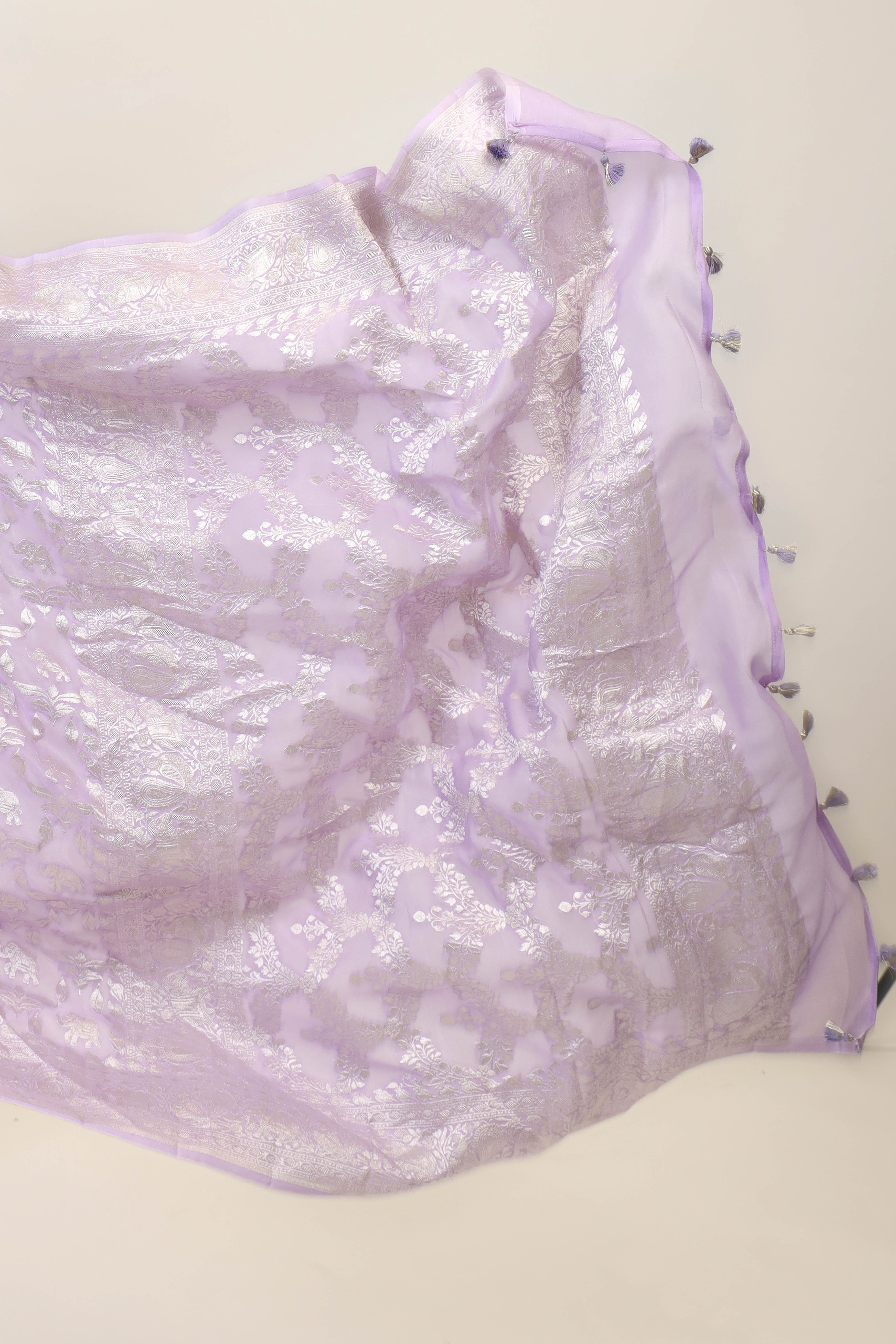 Lavender Banarasi Georgette Khaddi Floral Jaal With Silver Zari Saree