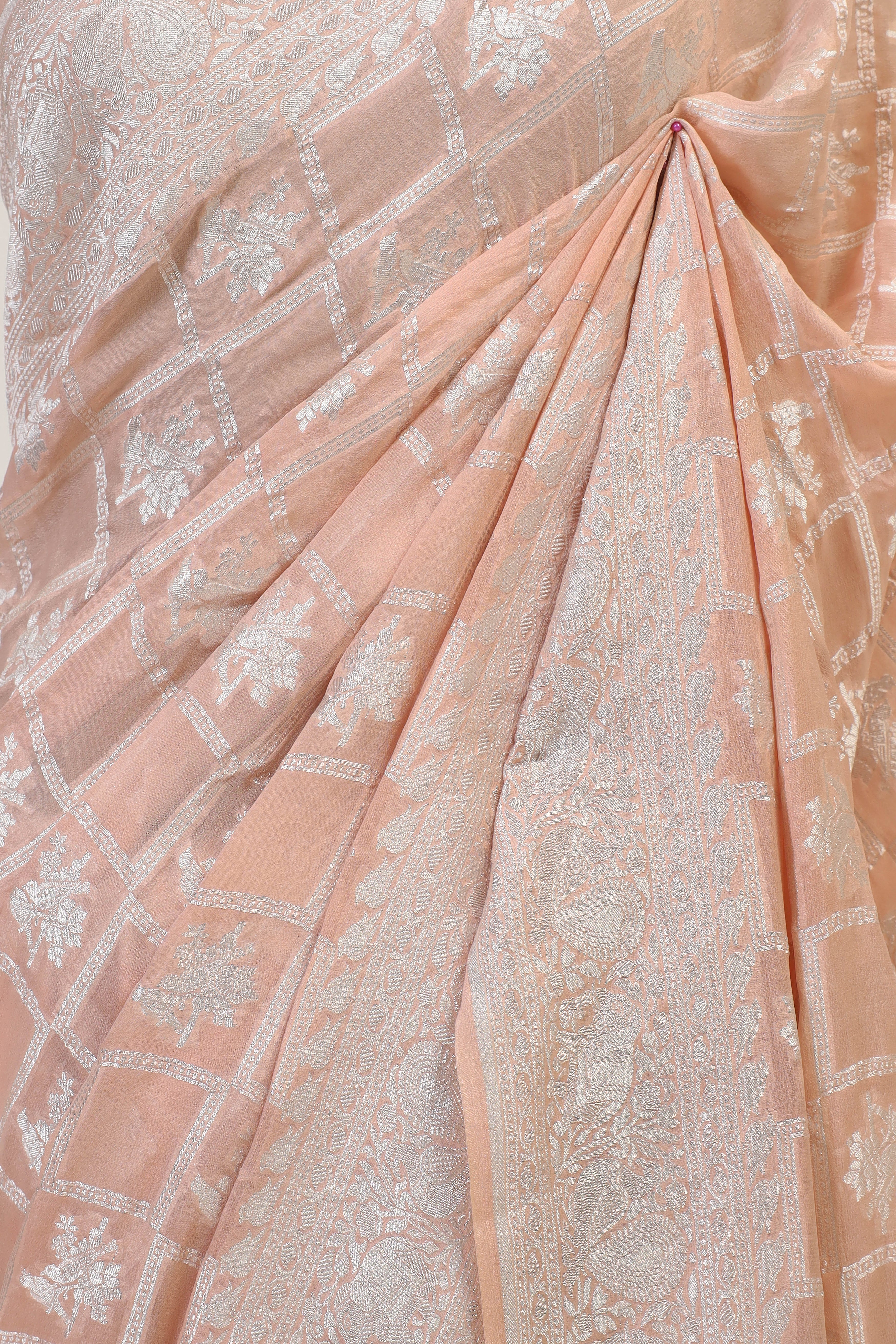 Peach Pink Banarasi Georgette Khaddi With Silver Zari Silk Saree