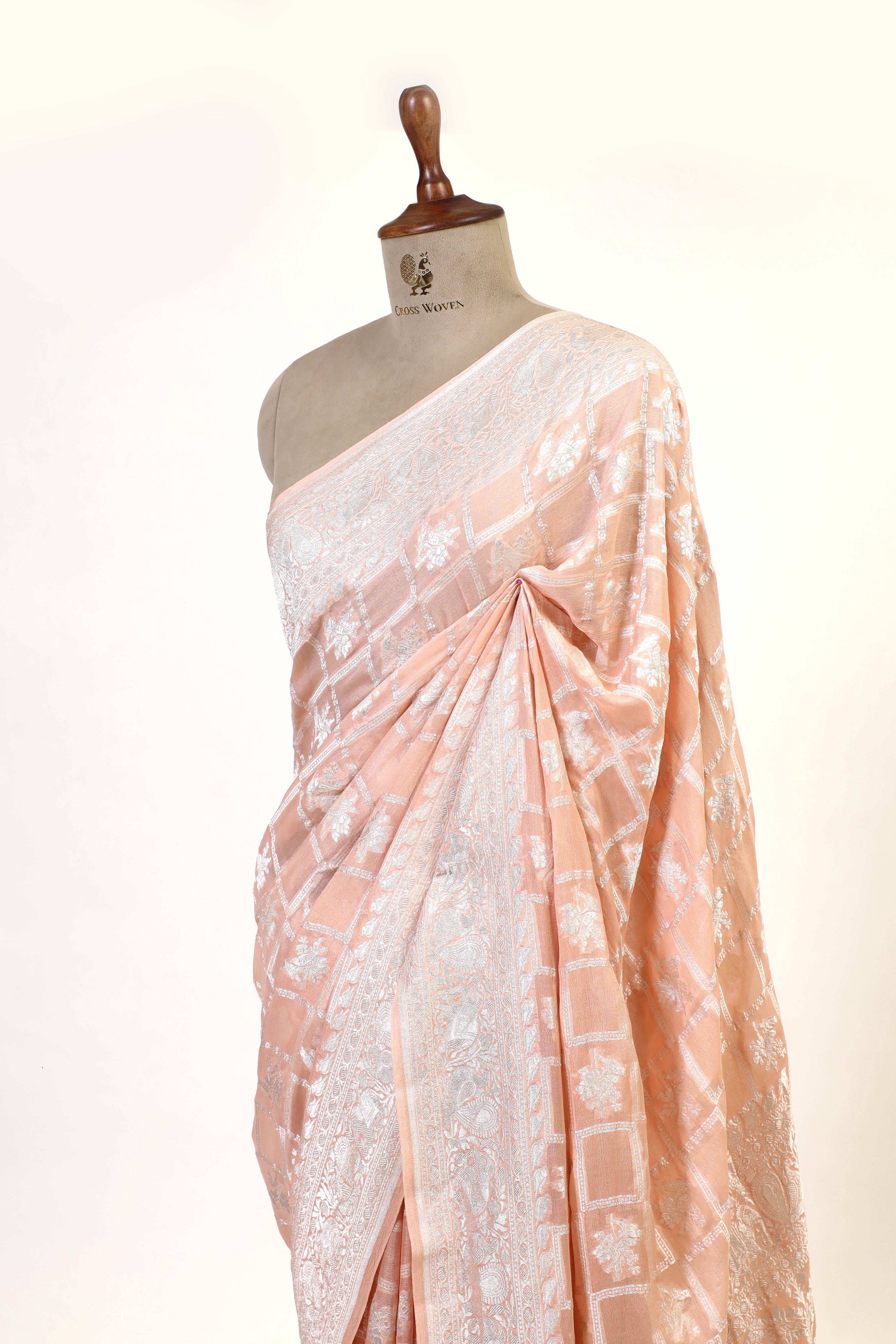 Peach Pink Banarasi Georgette Khaddi With Silver Zari Silk Saree