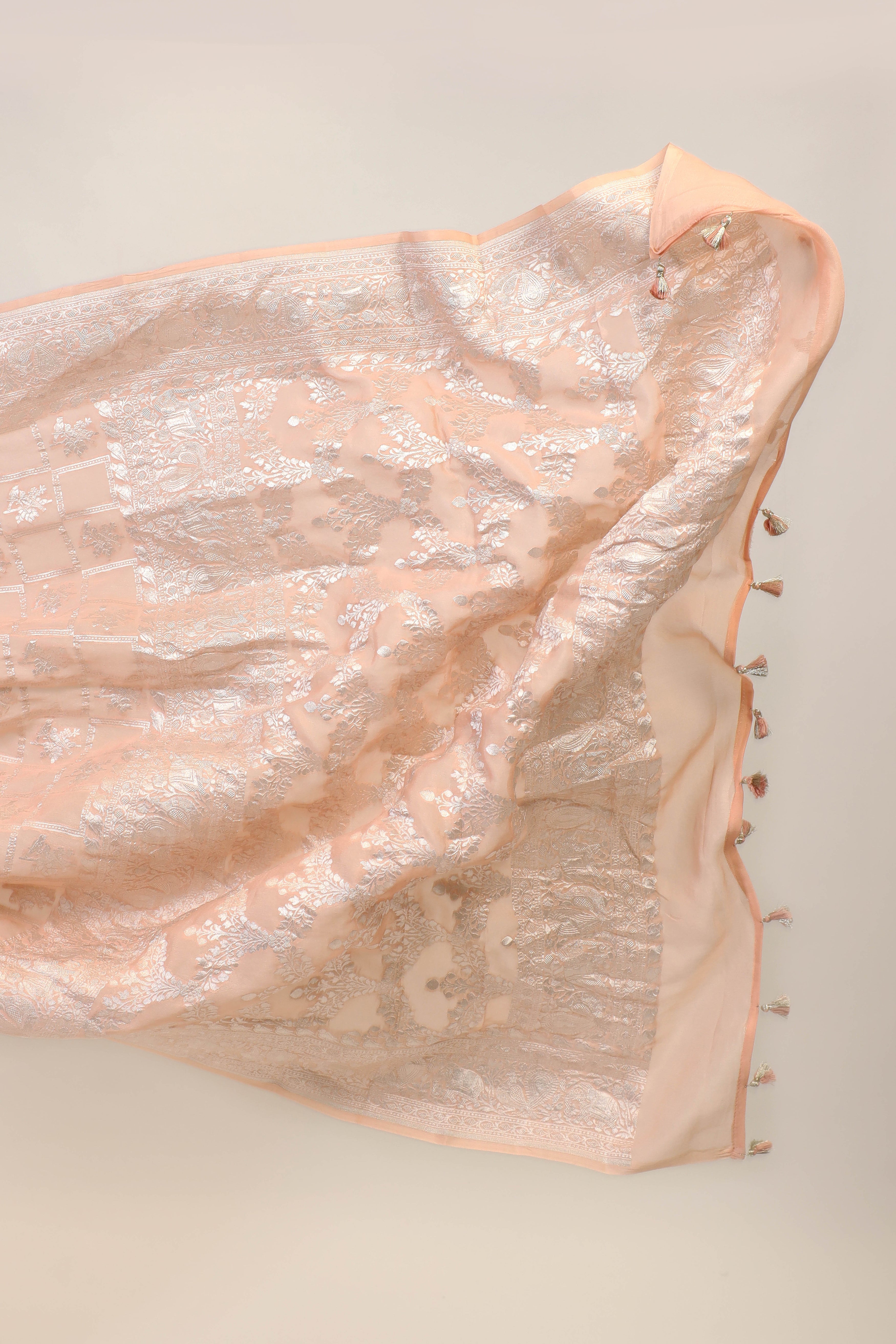 Peach Pink Banarasi Georgette Khaddi With Silver Zari Silk Saree