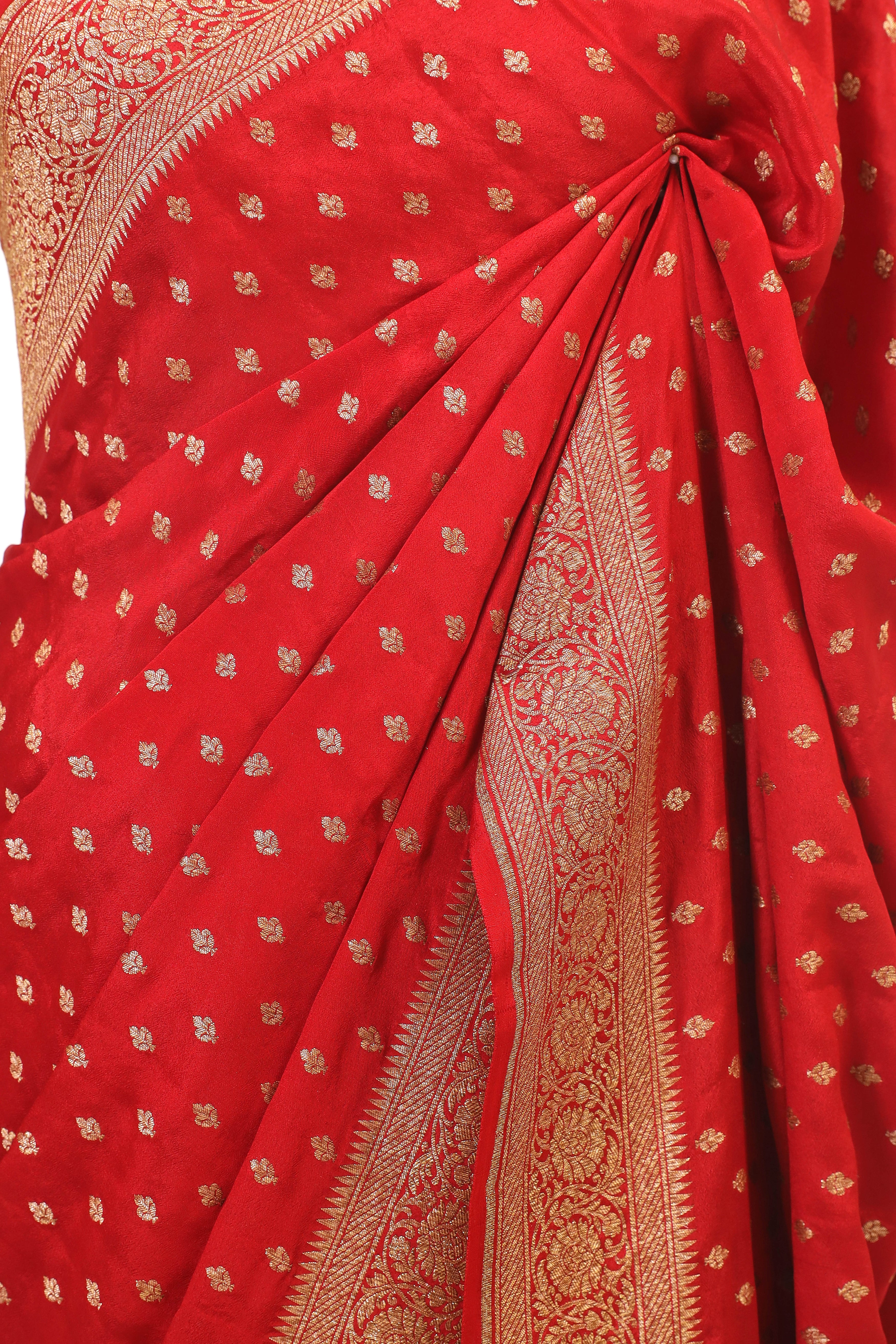 Red Banarasi Crepe Silk Saree With Antique Zari And Floral Border