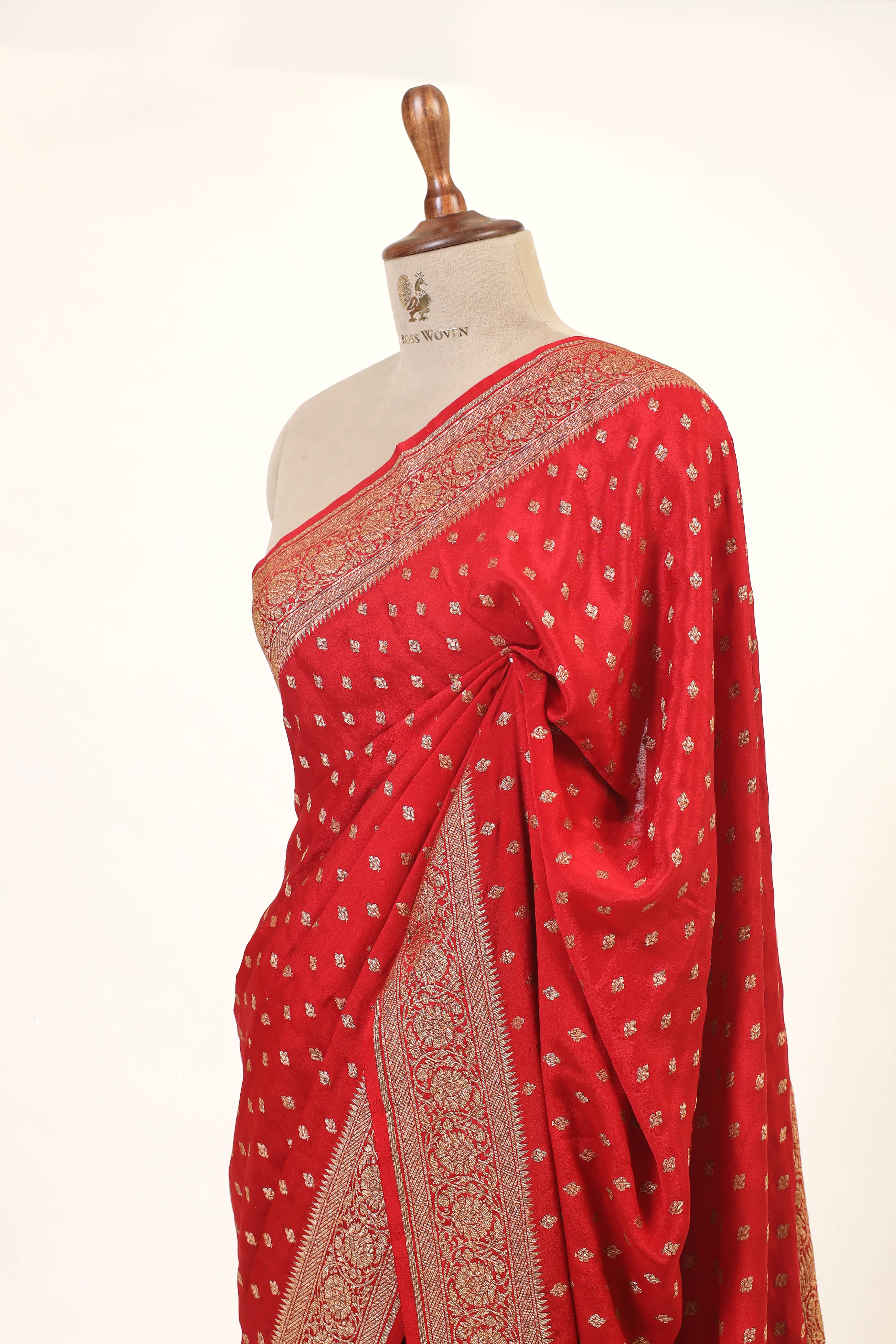 Red Banarasi Crepe Silk Saree With Antique Zari And Floral Border