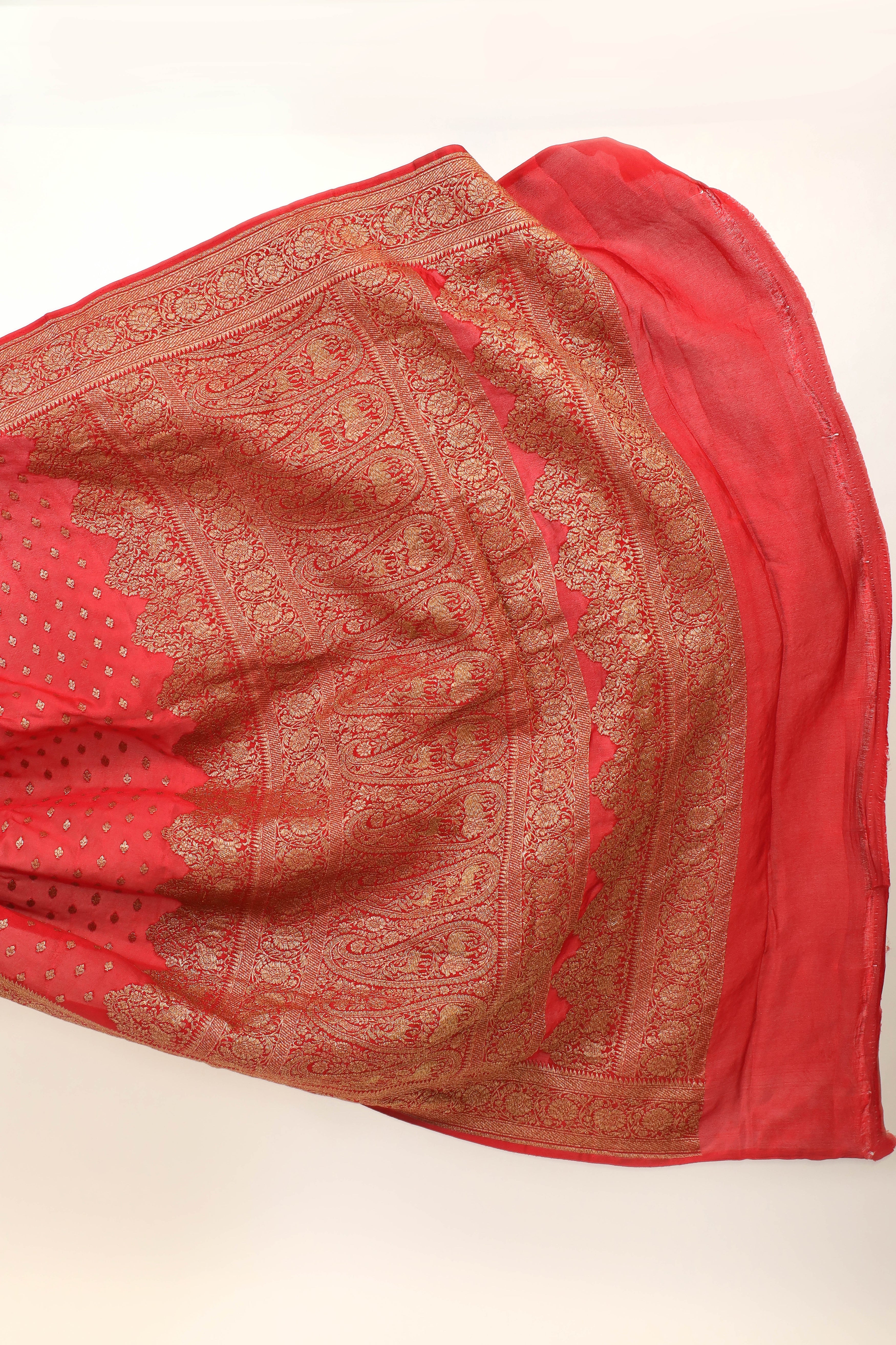 Red Banarasi Crepe Silk Saree With Antique Zari And Floral Border