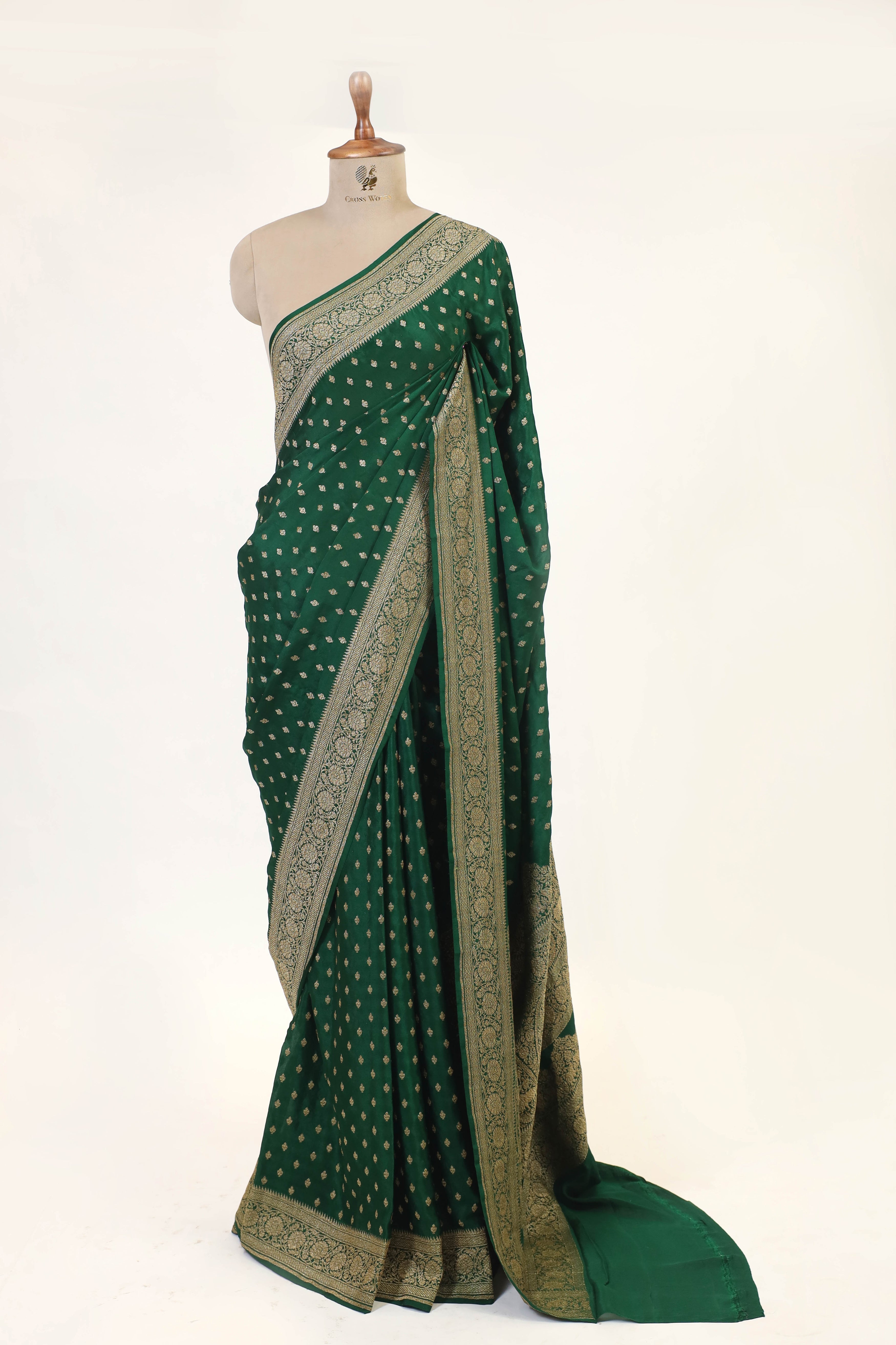 Bottle Green Crepe Silk Saree with Antique Zari Floral Border