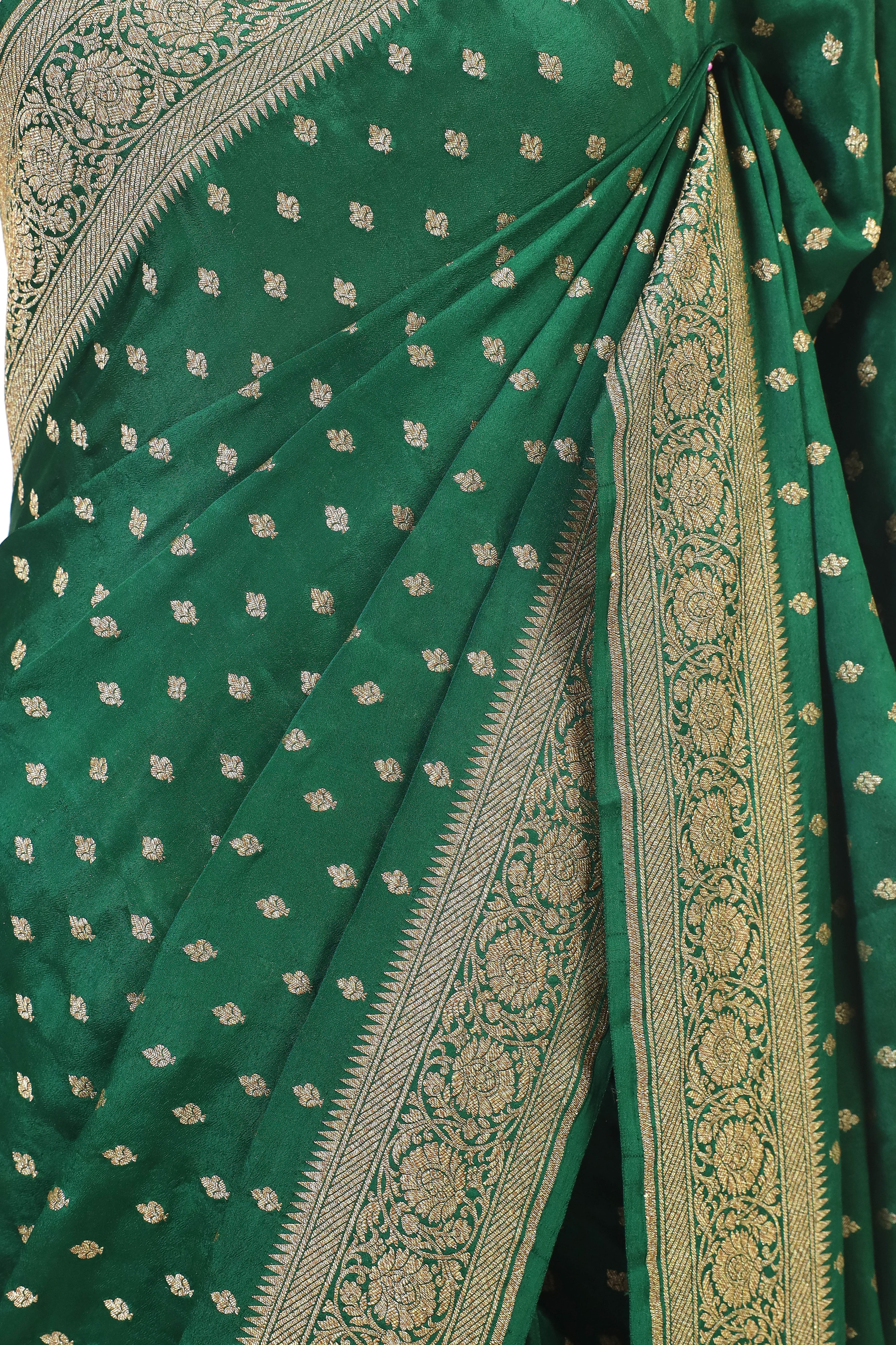 Bottle Green Crepe Silk Saree with Antique Zari Floral Border