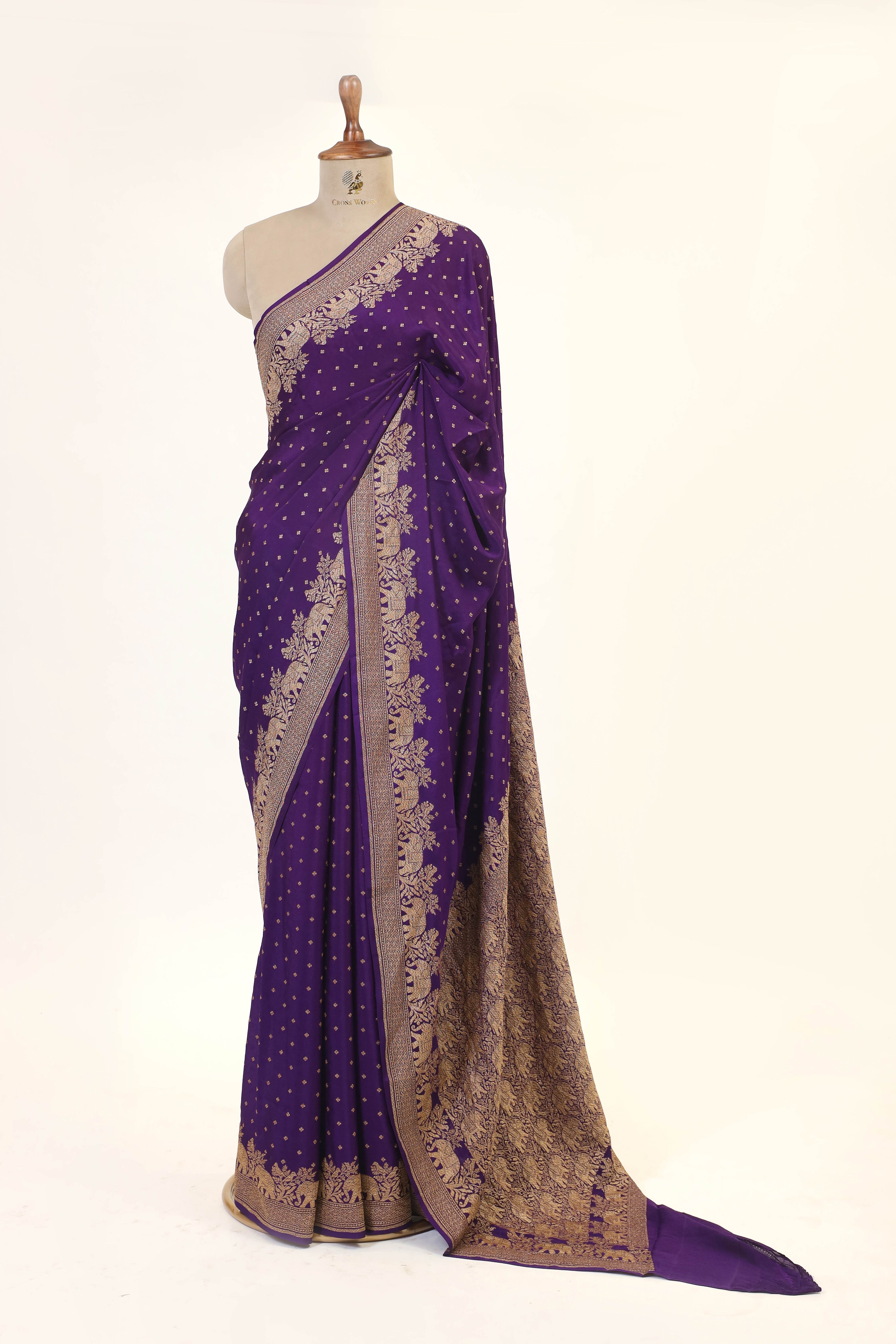 Purple Crepe Silk Saree with Antique Zari And Shikargah Border