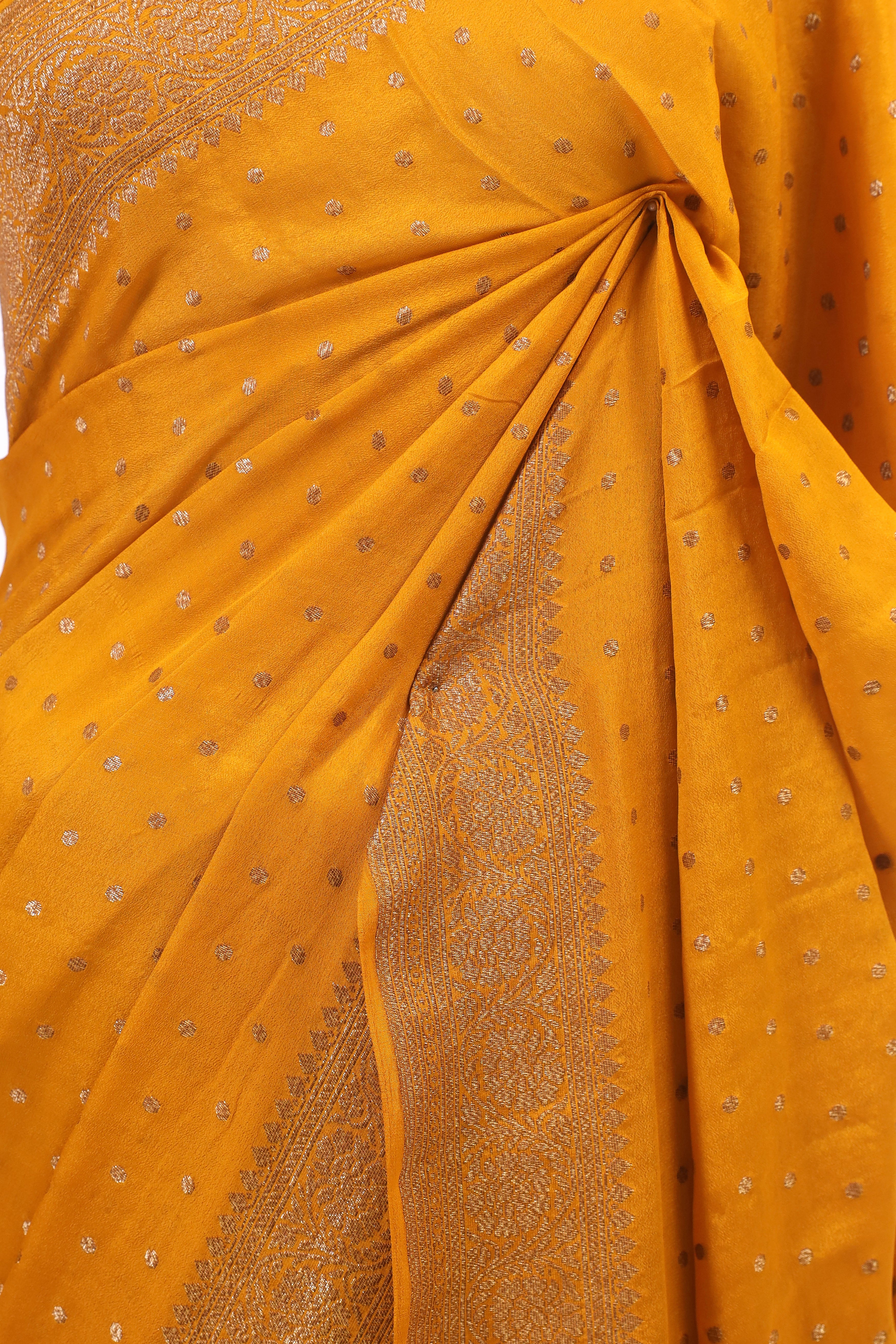 Golden Yellow Crepe Silk Saree with Antique Zari And Floral Border