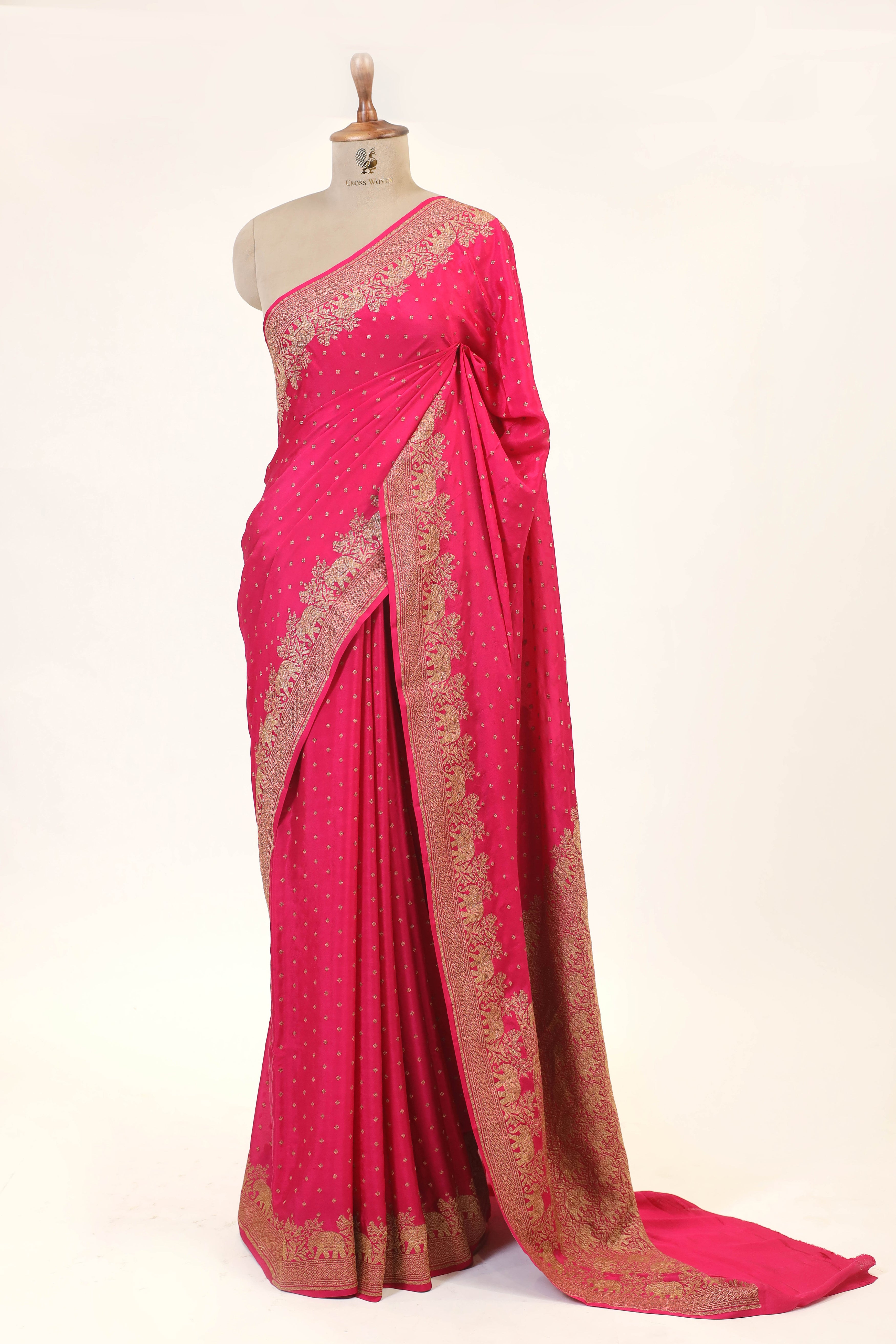 Pink Crepe Silk Saree with Antique Zari And Shikargah Border