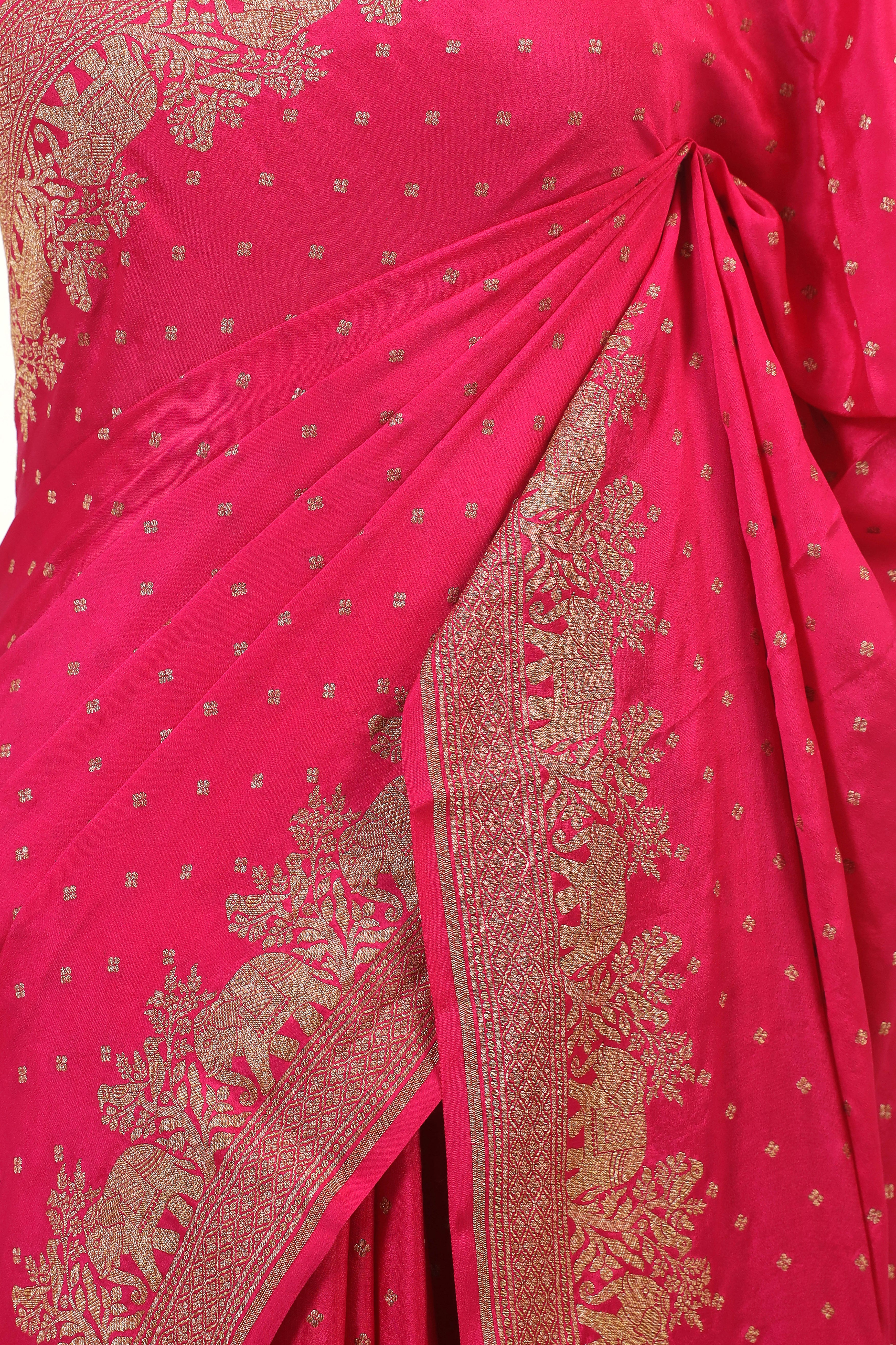 Pink Crepe Silk Saree with Antique Zari And Shikargah Border