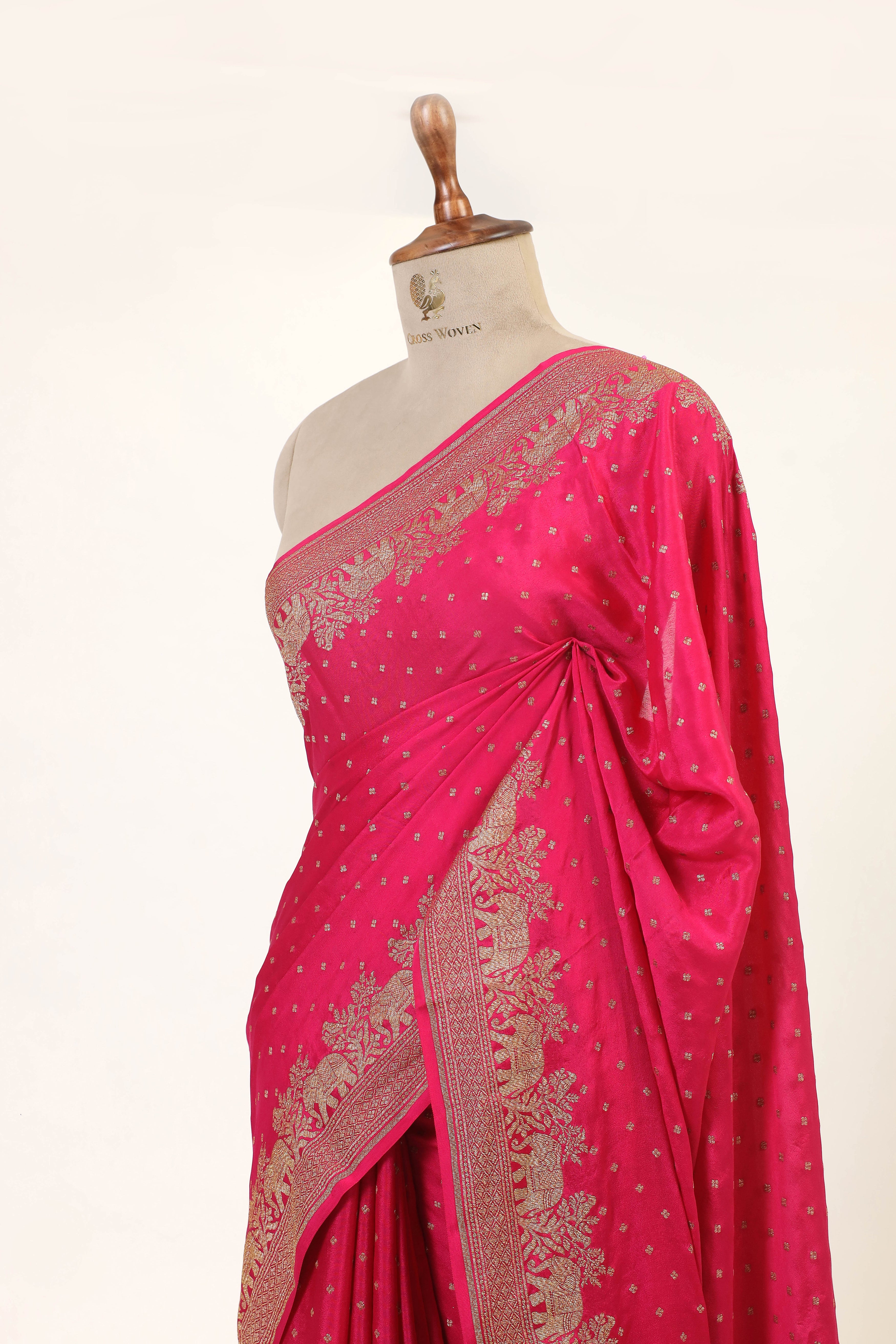 Pink Crepe Silk Saree with Antique Zari And Shikargah Border