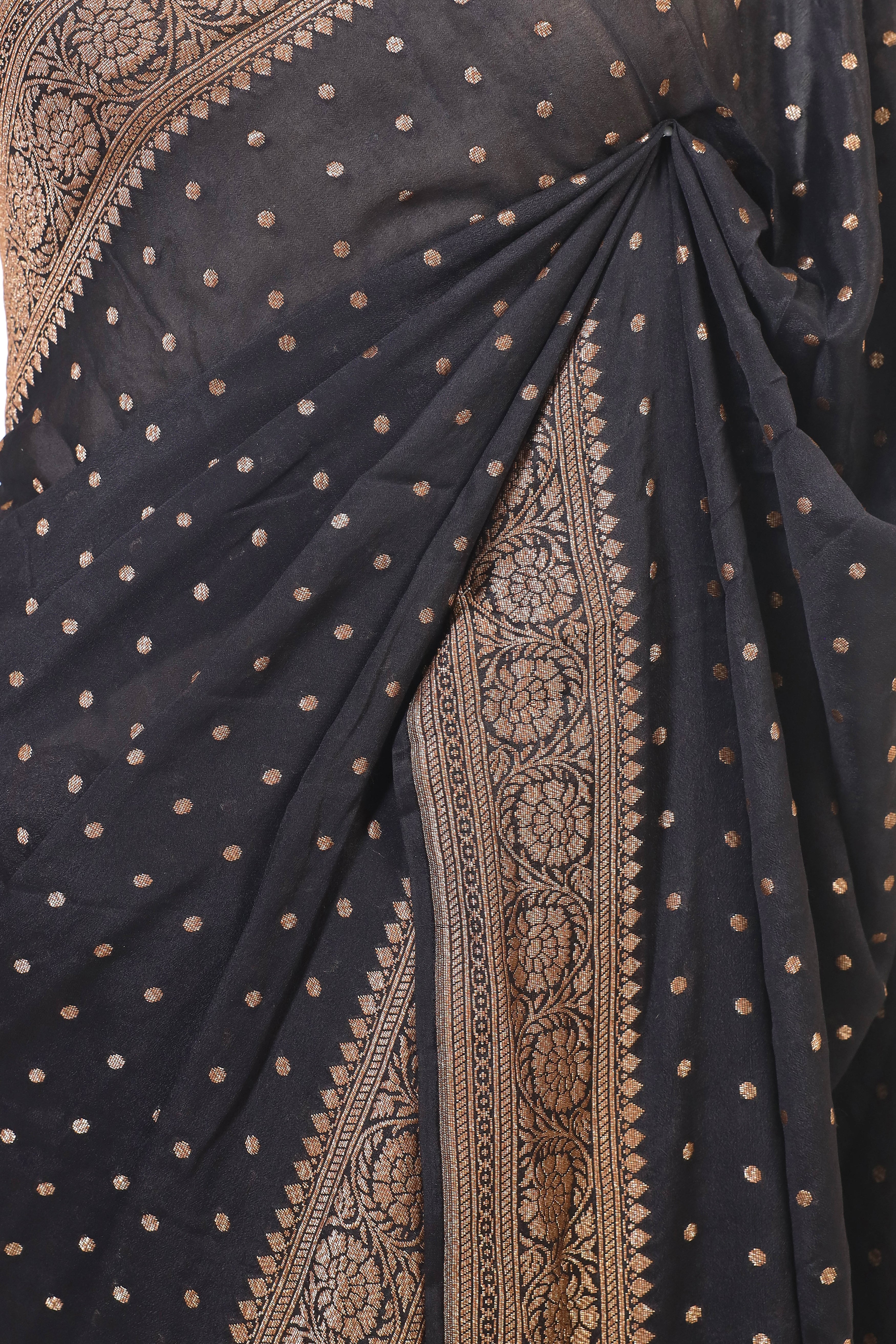 Black Crepe Silk Saree with Antique Zari And Floral Border