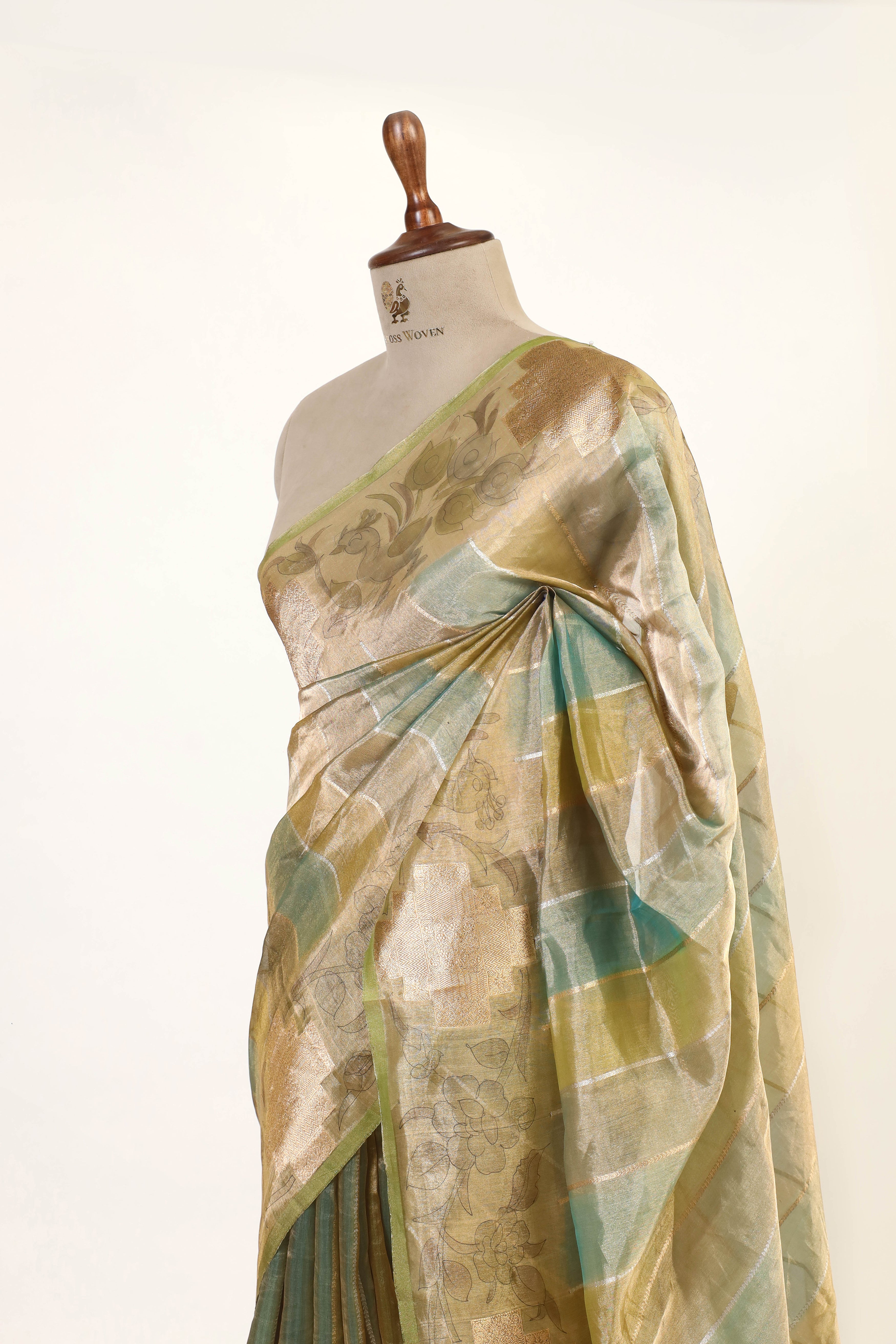 Lime Green Striped Rangkaat Banarasi Tissue Silk Saree