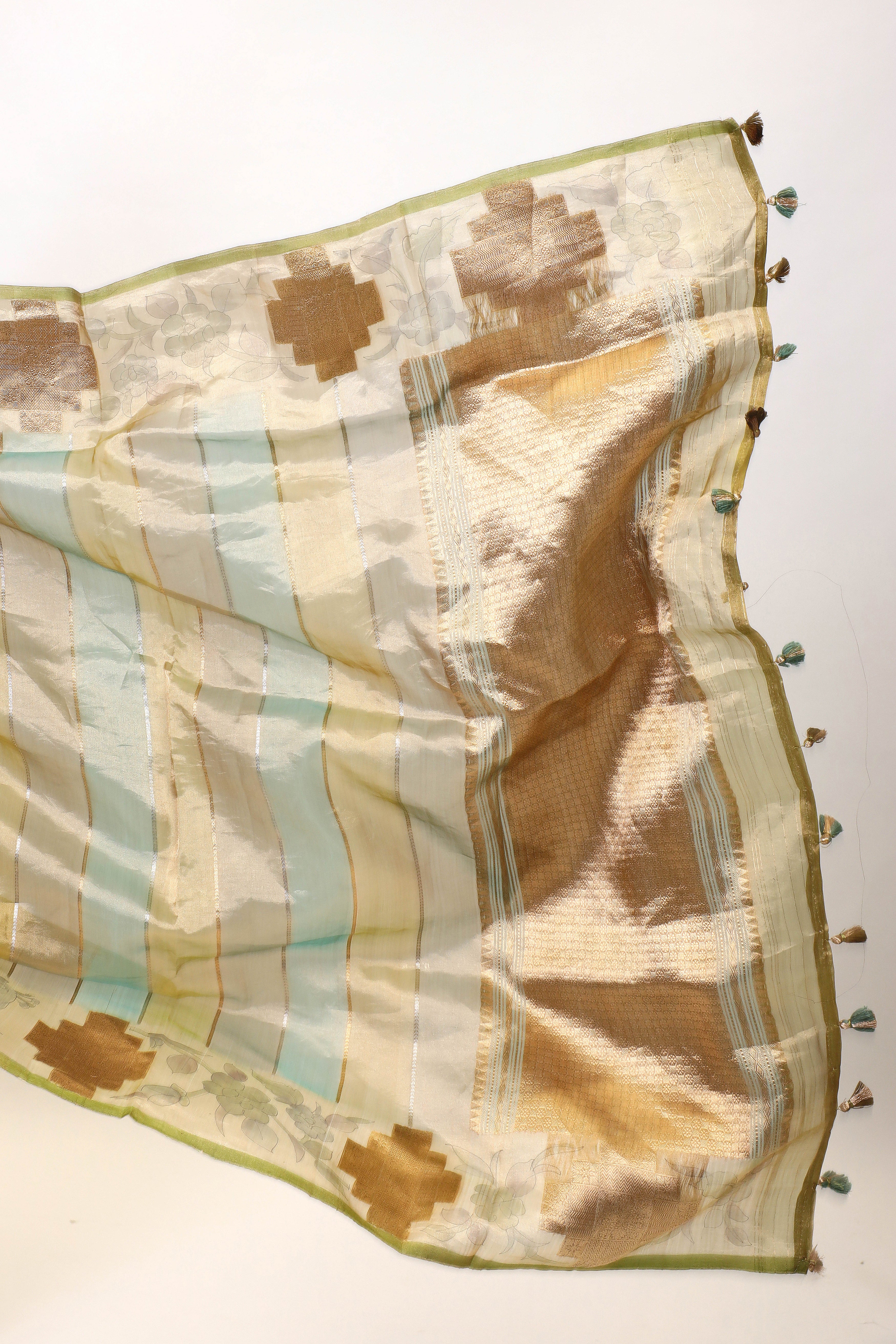 Lime Green Striped Rangkaat Banarasi Tissue Silk Saree